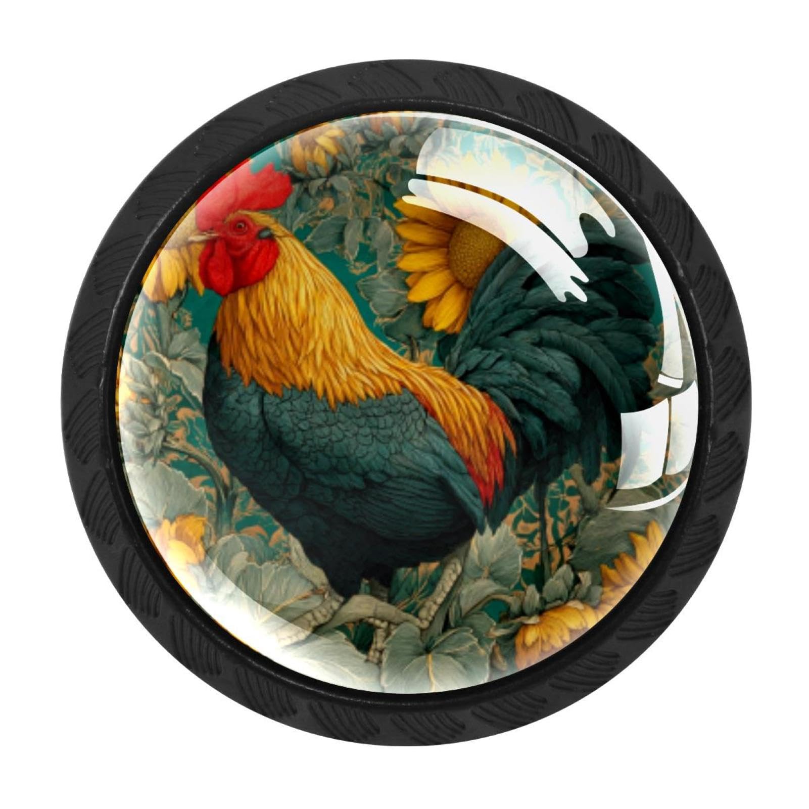 CHENZZZZ 4 pcs Rooster Sunflowers (3) Cabinet Knobs Crystal Drawer Pulls for Kitchen, Bathroom Cabinet, Dresser and Cupboard