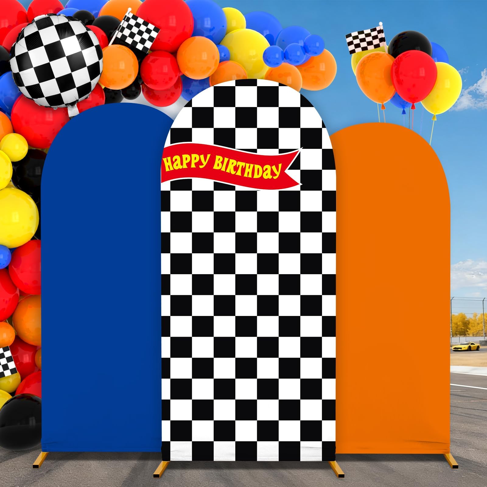 3 Pcs Racing Theme Arch Backdrop Cover 4ft 5ft 6ft Black and White Chiara Hot Car Spandex Fitted Arch Backdrop Stand Covers Race Car Birthday Party Decor for Racing Birthday Baby Shower Party Supplies