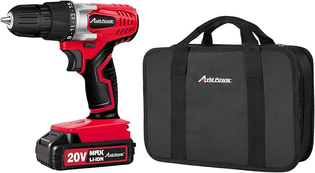 AVID POWER 20V MAX Lithium lon Cordless Drill Set with Battery and Charger, 3/8-Inch Keyless Chuck, 16 Position, 22pcs Drill Bits, bundle with Storage Tool Bag Red