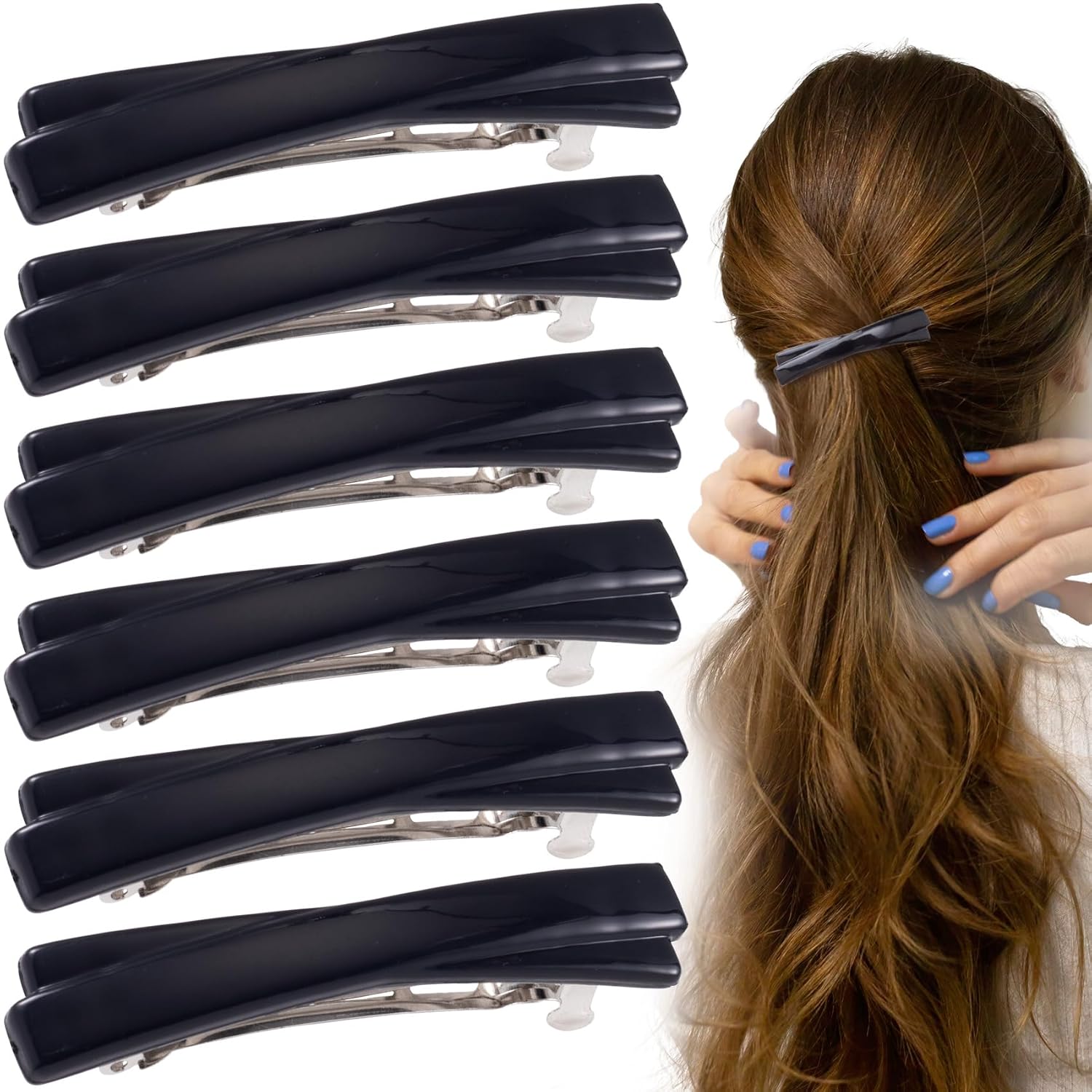 6PCS French Barrette Hair Clips for Women, 2.56 Inch Small Tortoise Shell Hair Clip, Curved Glossy Thin Hair Flat Hair Accessories for Women - Black, Crossed Style