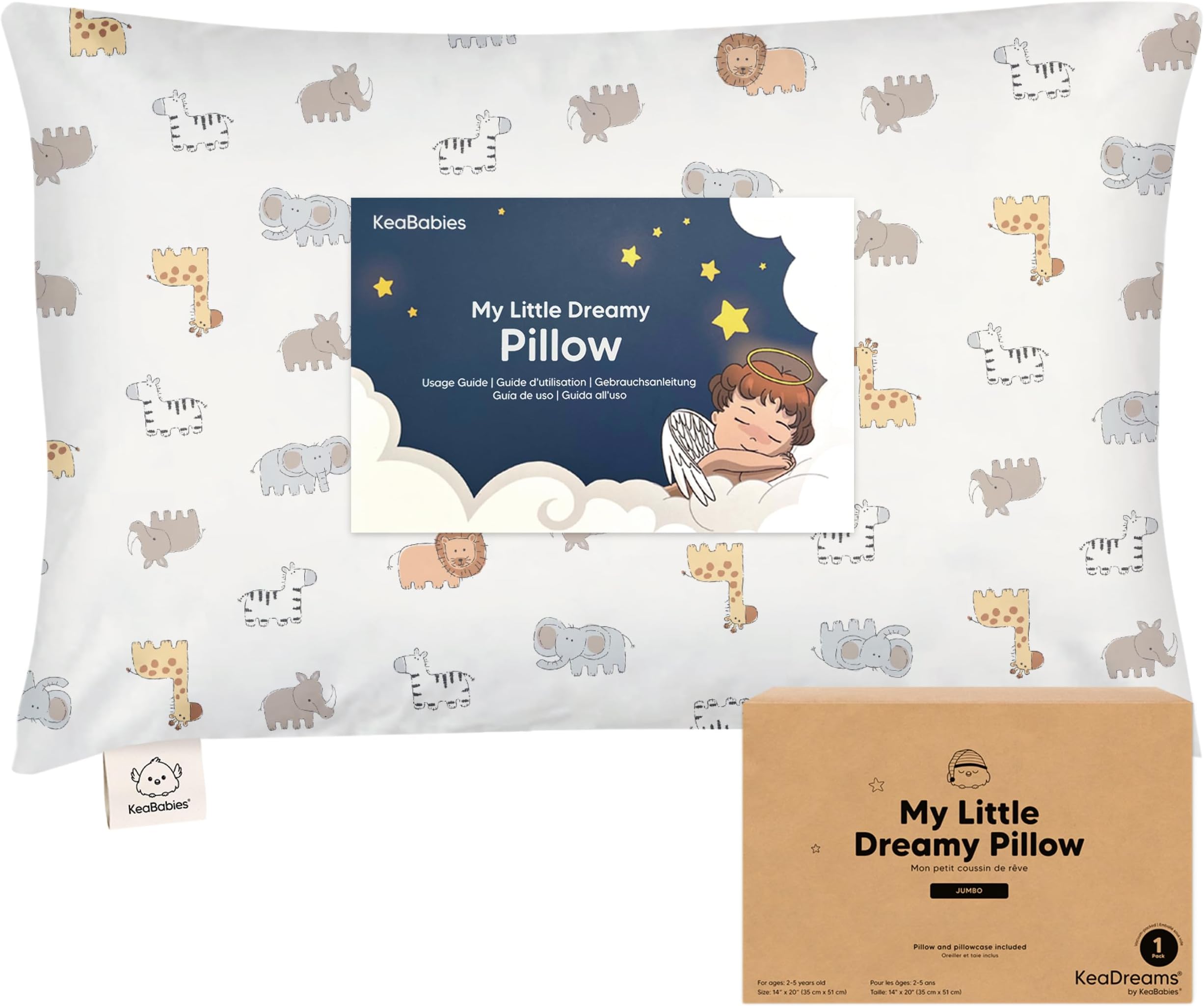 KeaBabies Toddler Pillow with Pillowcase, Jumbo 14X20 - Soft Organic Cotton Toddler Pillows for Sleeping - Machine Washable - Perfect for Travel, Toddler Bed Set (Safari Echo)