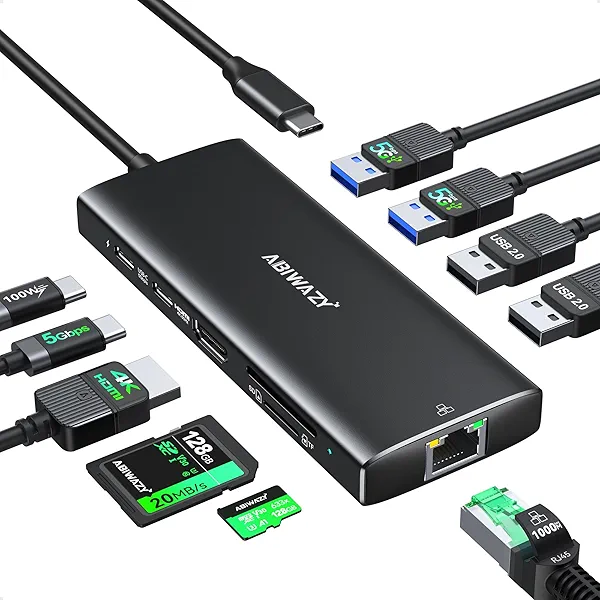 ABIWAZY USB C Hub Multiport Adapter, 10 in 1 USBC to Ethernet Adapter with 4K HDMI, Ethernet Gigabit, 100W PD, USB-C Data Port and SD/TF Slot for MacBook Pro/Air, Dell XPS, iPad Pro, Galaxy (Black)