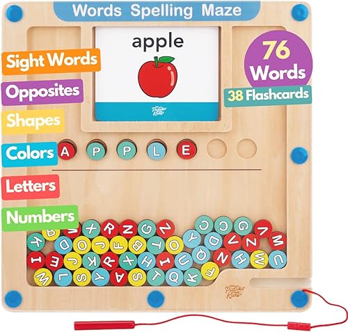 Pidoko Kids Laberinto de ortografía de palabras, letras, números, colores, formas, palabras a la vista, opuestos y verbos de acción - 38 tarjetas