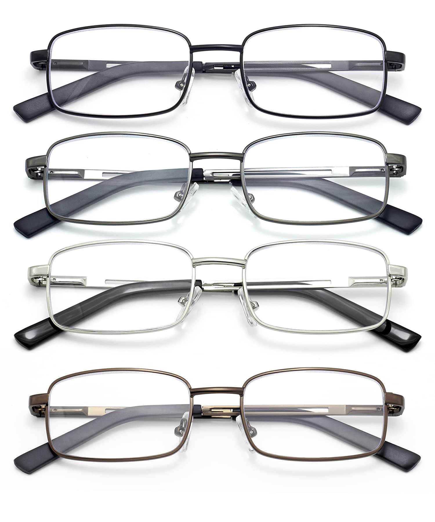 Herren Lesebrille Flexible Edelstahl Metall Brille mit weichen Etuis Klare Gläser Blaulicht Brille 4 Stück Schwarz Bronze Braun und Silber Standard