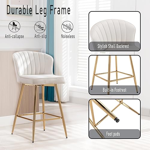 Miniatura 3 de Juego de 2 taburetes de bar de terciopelo beige con altura de mostrador, cómodos taburetes de bar tapizados con patas de metal y respaldo para