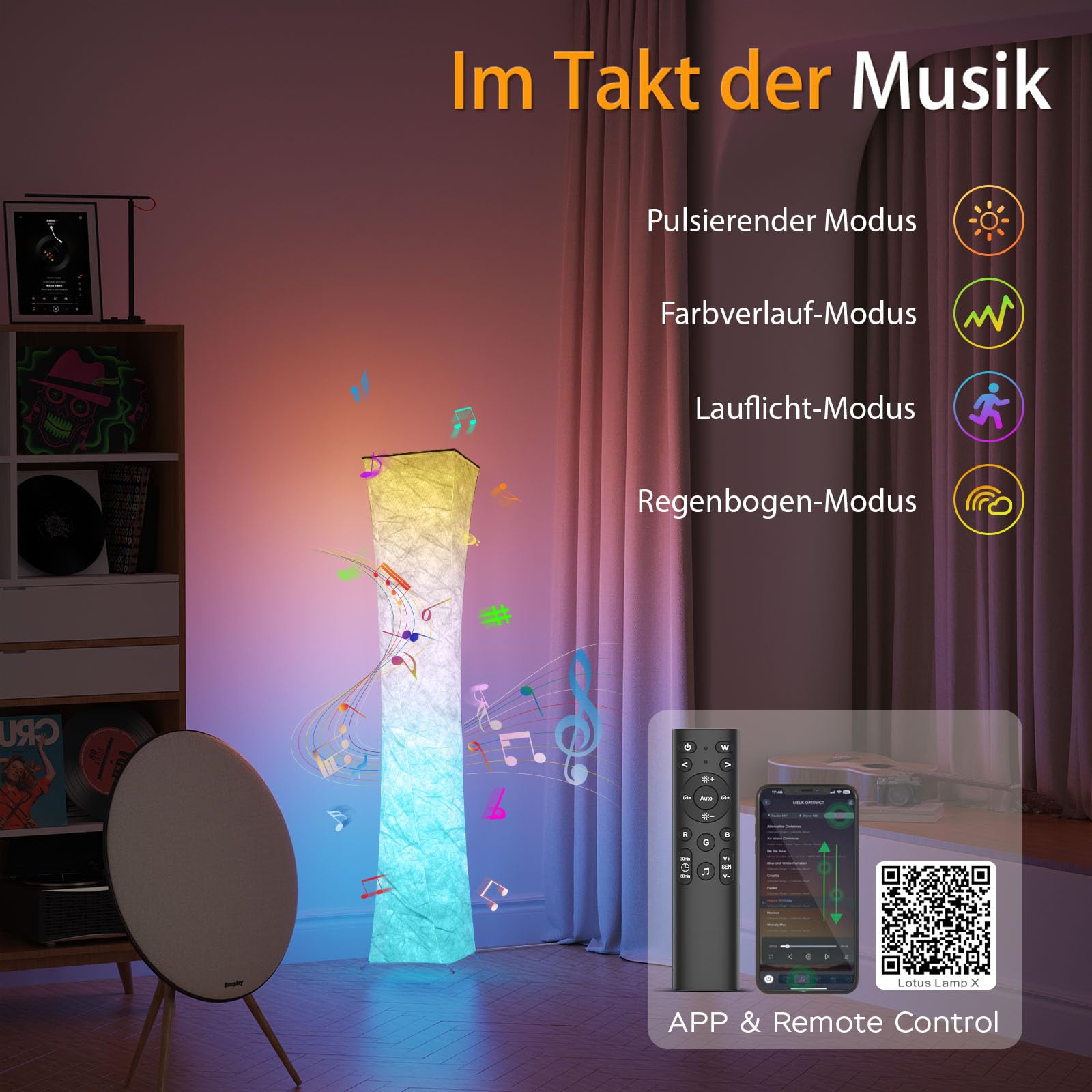 ANTENLICHT RGB Stehlampe Wohnzimmer Dimmbar LED Stehleuchte Stoff Weiß | Farbspiel Standleuchte mit Musik Sync, Schönes Floor Lampe mit Fernbedienung/App Control für Wohnzimmer Schlafzimmer Büro