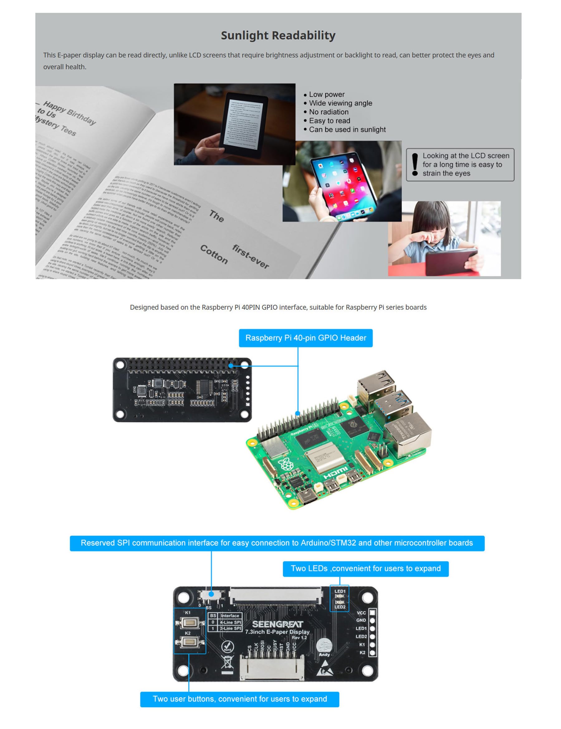 7.3inch Full Color E-Ink Display, 800×480 Spectra 6 E-Paper Screen, Low Power, SPI Interface, for Raspberry Pi/Jetson Nano / STM32 / Arduino, with 40PIN GPIO and Driver HAT