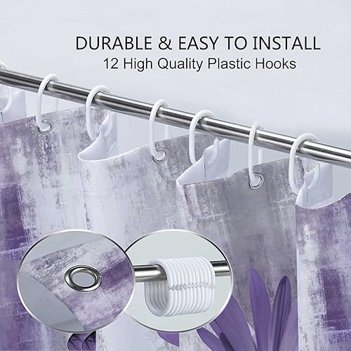 Miniatura 5 de Juego de cortinas de ducha rústicas con alfombras, margaritas moradas de granja, flores florales, mariposas, cortinas de baño de madera de campo de