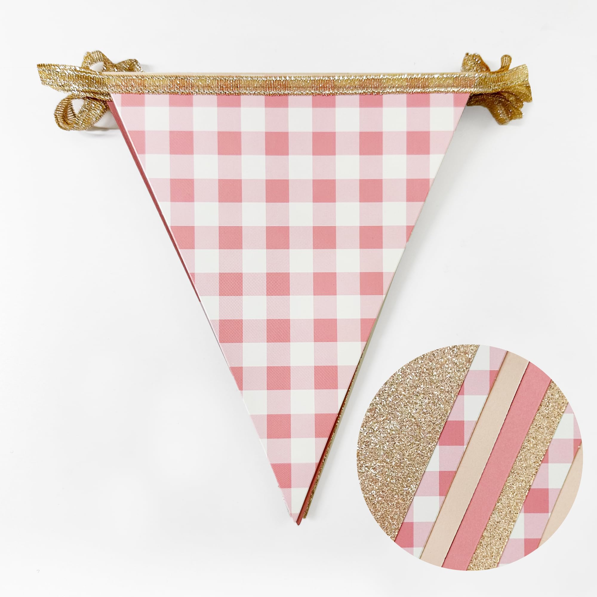 Dusty Rose Pink Buffalo Plaid Champagner Gold Party Dekorationen Wimpel Banner Flagge Hängende Glitzer Papier Dreieck Wimpelkette für Frauen Mädchen Geburtstag Babyparty Hochzeit Brautparty