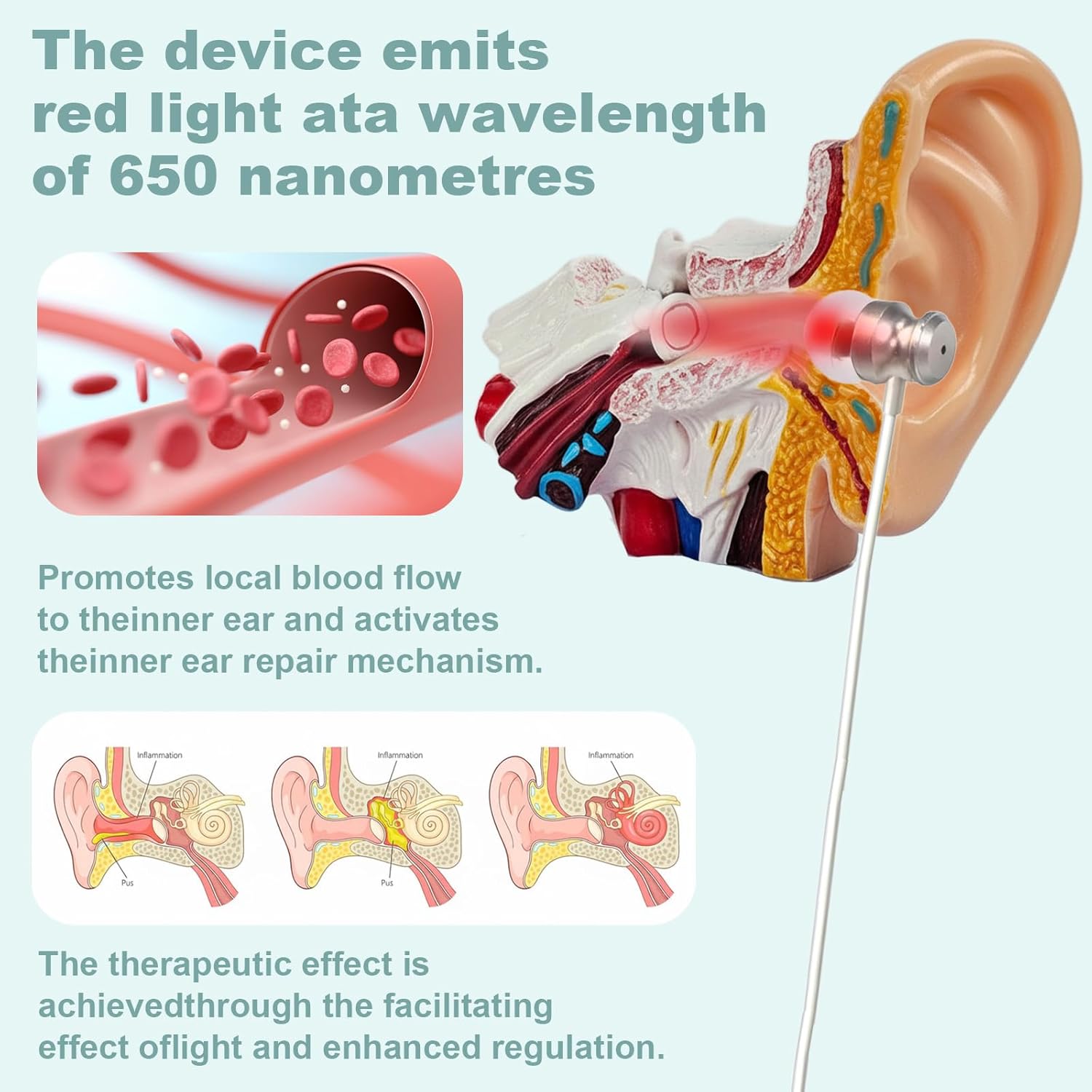 Red Light Therapy for Ears, USB Red Light Therapy for Ears, 650NM Red Light Ear Therapy Device with Nose Replacement Silicone Head (2-in-1)