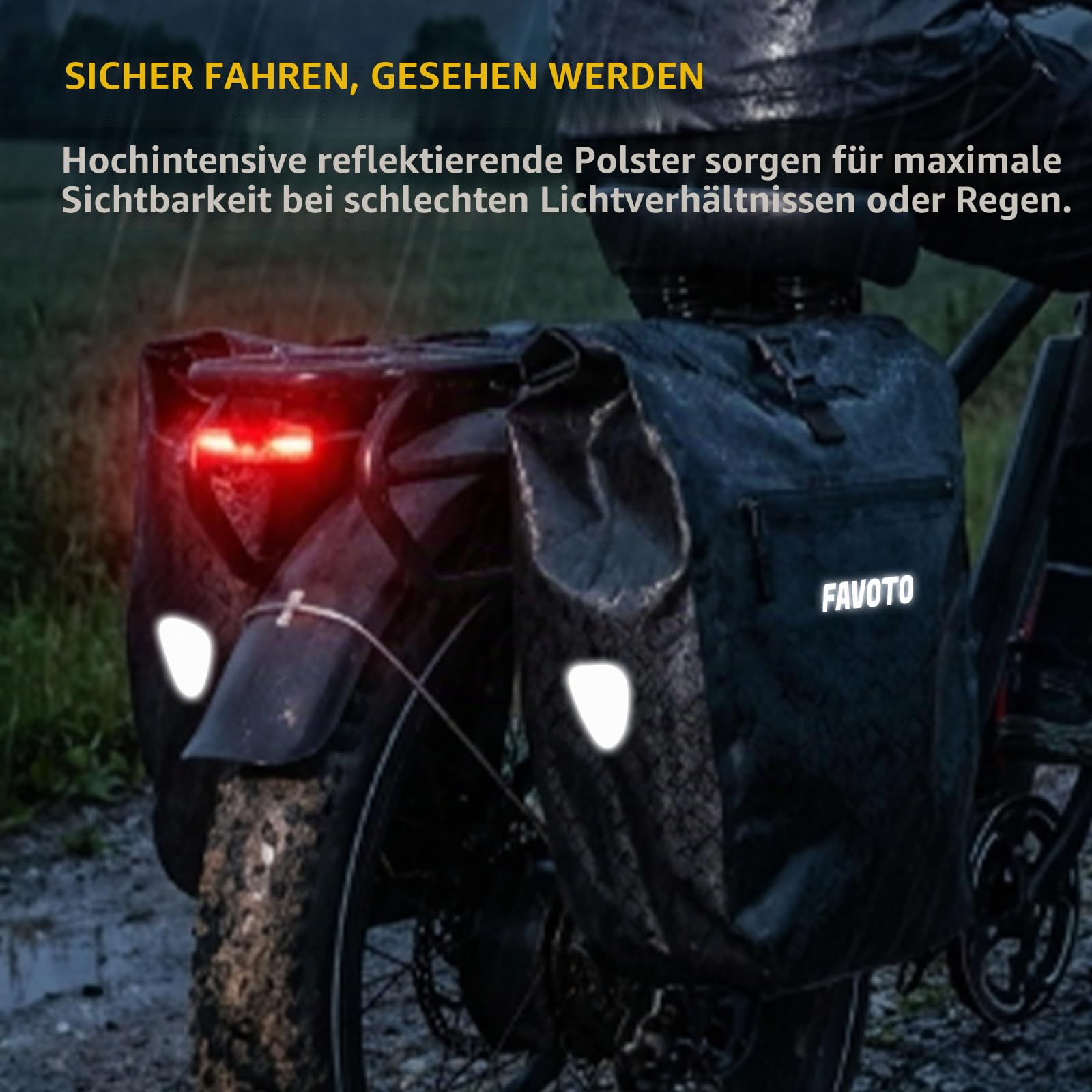 Favoto Fahrradtaschen Hinten Gepäckträger Wasserdicht, 56L (2×28 L) | Schnellverschluss Robust Reflektierend Große Kapazität für E-Bike Mountainbike Fahrrad
