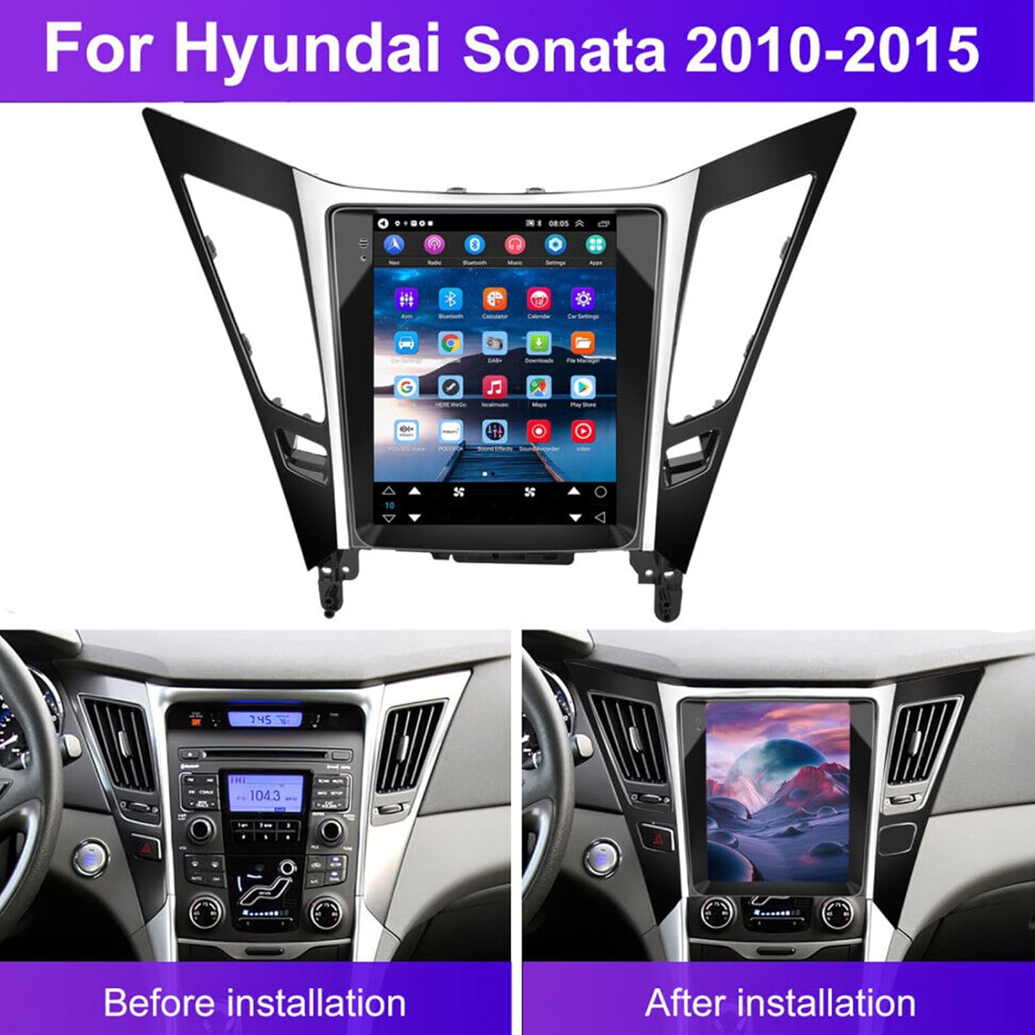 Android 13 Car Stereo Radio for Sonata 2010-2015 with Wireless CarPlay/Android Auto, 2+32G, Support DSP Navi/Bluetooth/WiFi/FM/MIC, 9.7 Inches Stereo with AHD Backup Camera and MIC