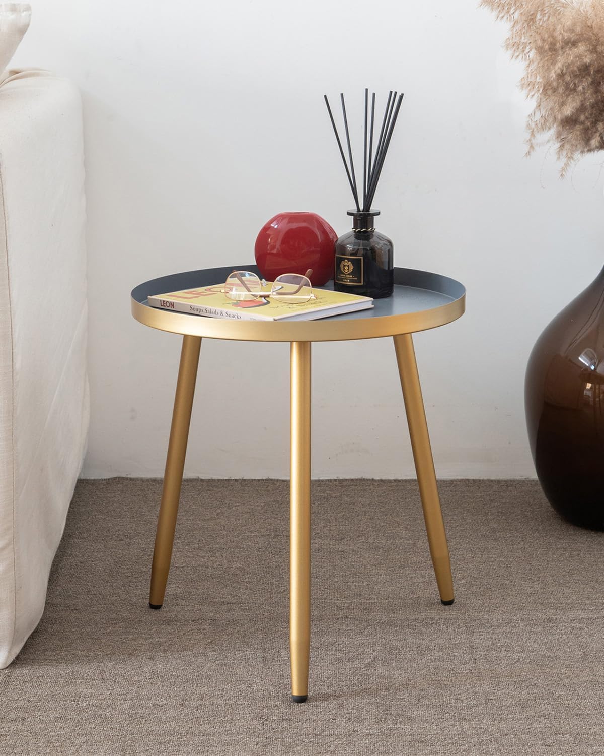 AOJEZOR Side Table: End Table for Any Room - Round Side Tables for Small Spaces - Grey Top 3 Legged Gold