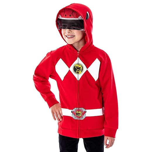 The Power Rangers Boys Red Ranger Tyrannosaurus Mesh Face Covering Full-Zip Costume Hoodie (SM)