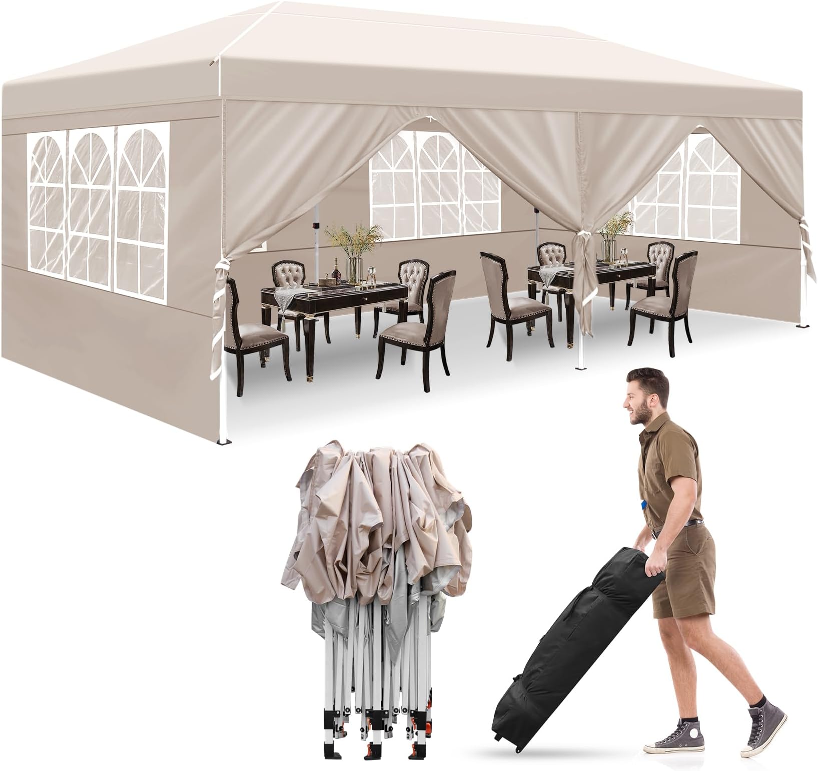 Pop up Gazebo 3m x 6m with 6 Sides, Ej.Victor Heavy Duty Gazebo Marquee with Sun Protection and Waterproof, Party Tent with Wheeled bag and 6 Sandbags Beige