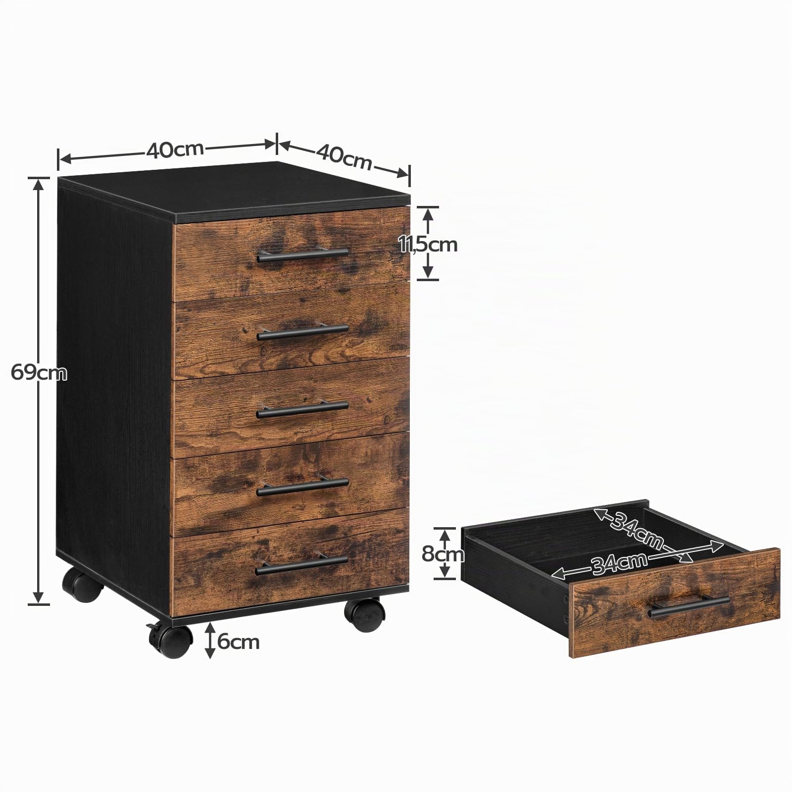 HOOBRO Mueble Archivador, Armario Móvil para Oficina con 5 Cajones y Archivador Colgante, 40 x 40 x 69 cm, Cómoda de Pecho, Diseño Industrial, Estilo Industrial, Marrón Vintage EBF05WJ01