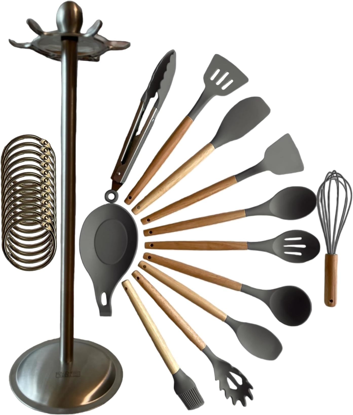 KALOR TECH 12 Piece Silicone Kitchen Utensils Set With Rotating Stand and Spoon Rest (Grey)