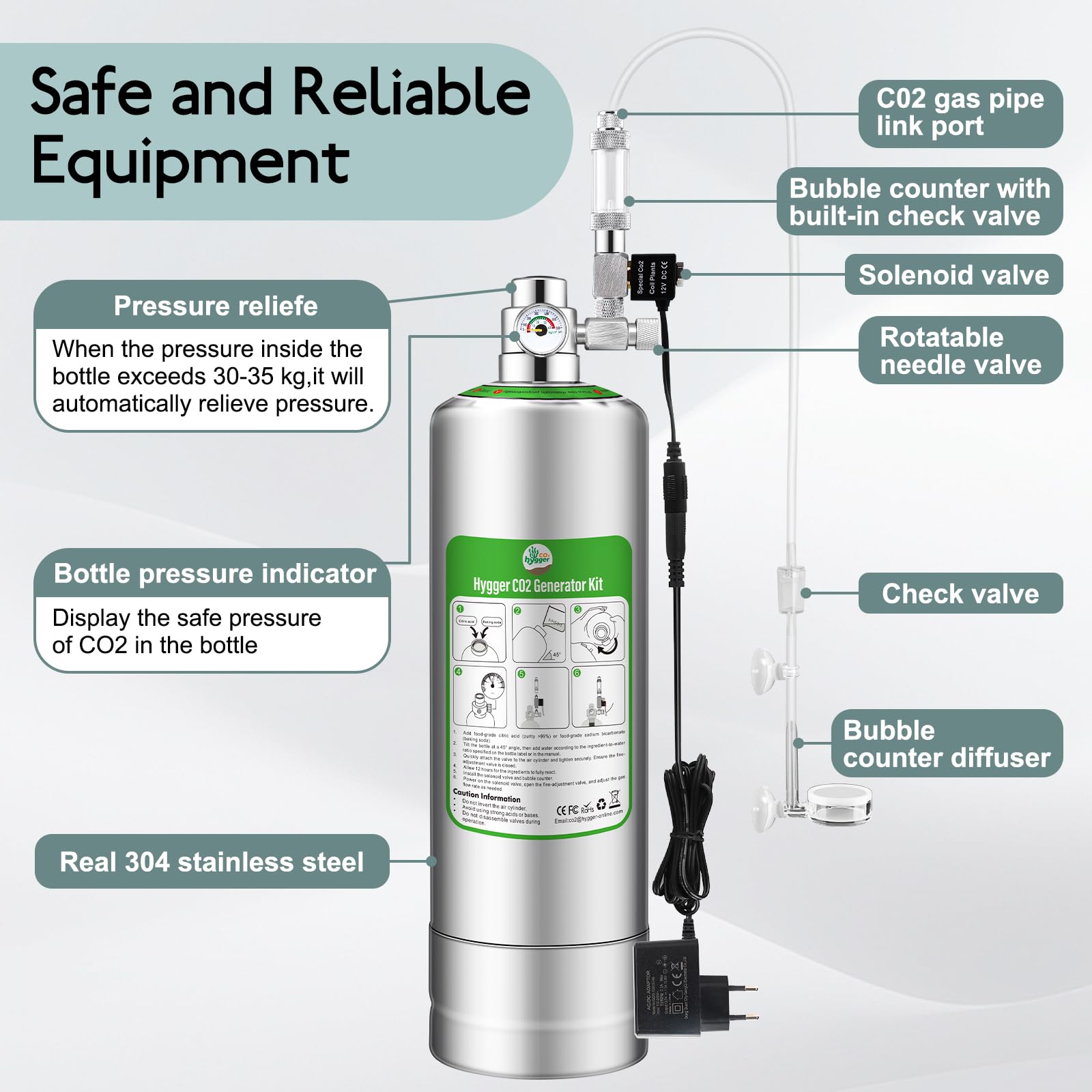 Générateur de CO2 d'aquarium Kit de réacteur de système 2L, kit Co2 Aquarium avec régulateur, vanne à Aiguille, solénoïde et Compteur de Bulles pour Aquarium planté Nano réservoir 20L - 60L
