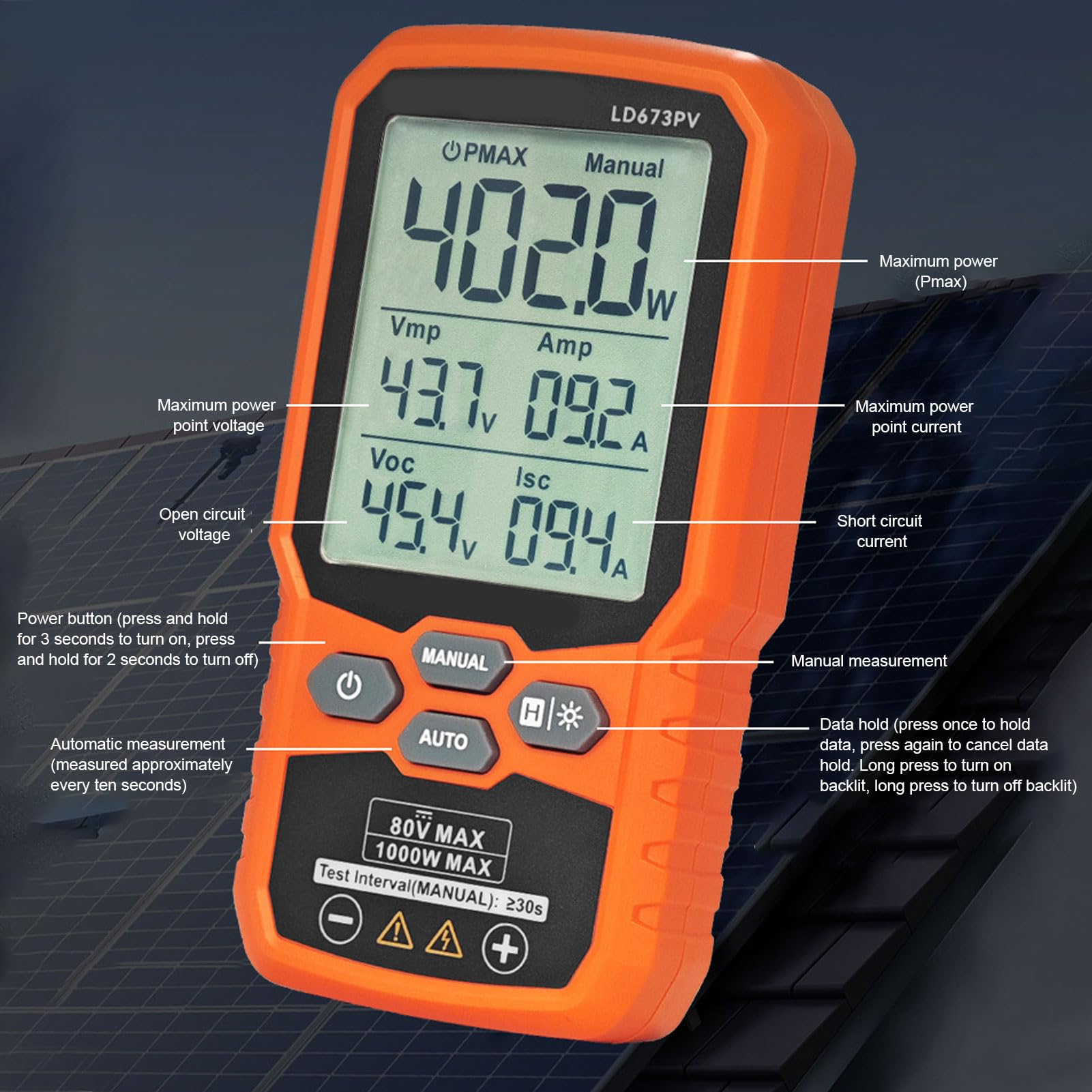 Luocute Tester per Pannelli Solari, Multimetro Fotovoltaico MPPT da 1000 W 80 V 35 A con LCD Retroilluminato e Blocco Dati, per Test di Corrente di Cortocircuito di Tensione A Circuito