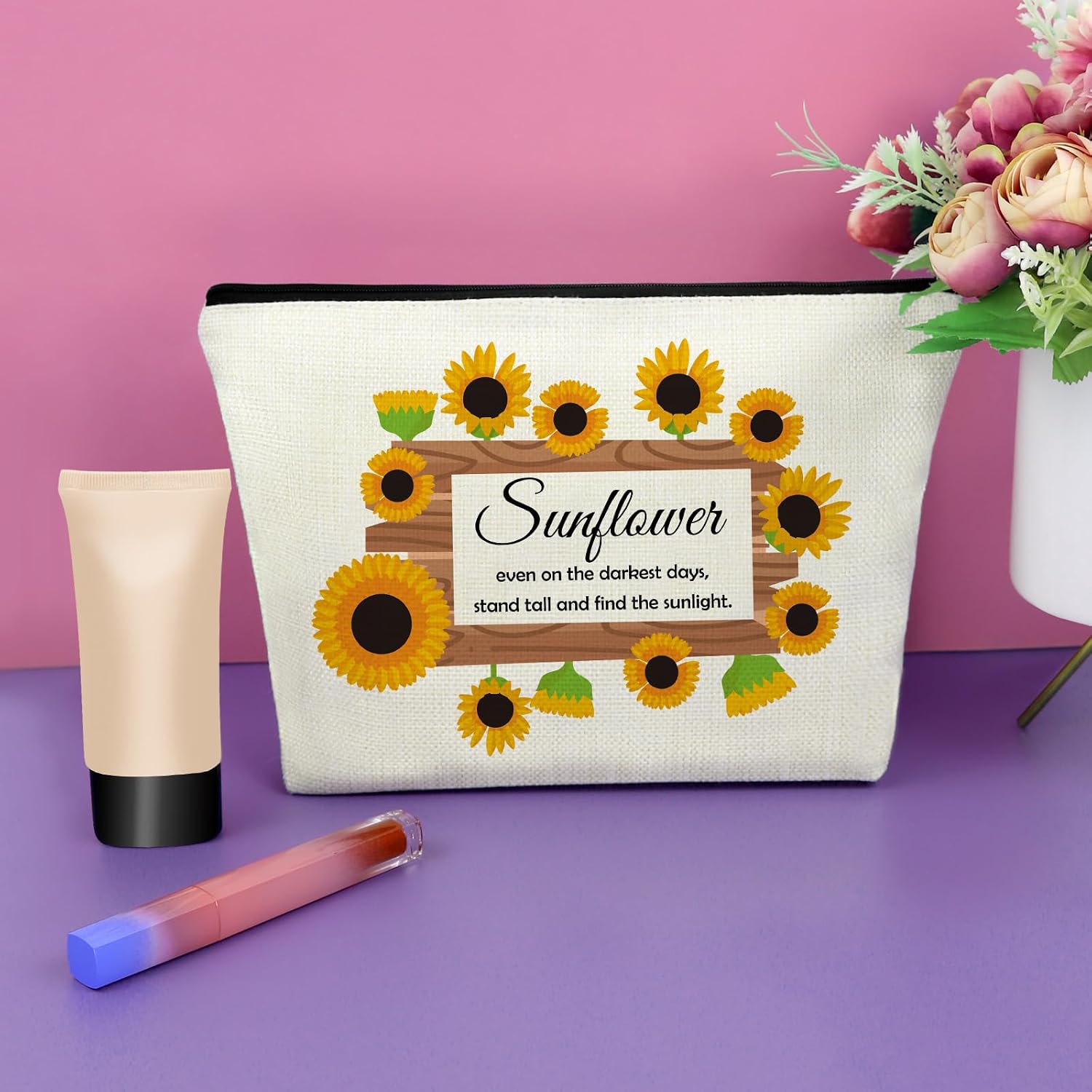 Sazuwu Sunflower Inspirational Gifts for Women Makeup Bag Motivational Gifts for Friends Thank You Friendship Cosmetic Bag Positive Quotes for Office Christmas Birthday Present Travel Pouch image 4