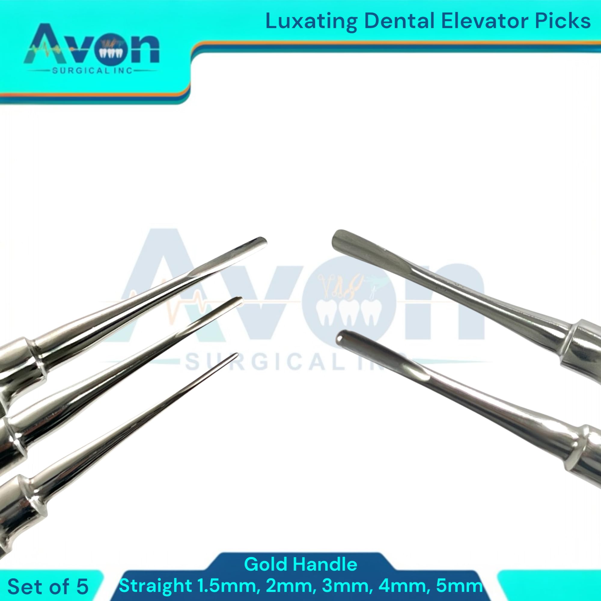 1.5, 2mm, 3mm, 4mm, 5mm, Straight Tipped Hollow Handle Root Extraction Elevators | Stainless Steel German | 5 Piece Bundle - Gold