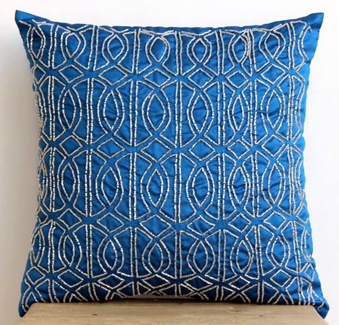 The HomeCentric Euro Pillow Sham, Royal Blue European Shams 26x26 inch (65x65 cm) Silk Euro Pillowcases, Geometric, Pattern, Trellis, Lattice, Beaded, Modern Euro Size Pillow - Geometric Royal Blue