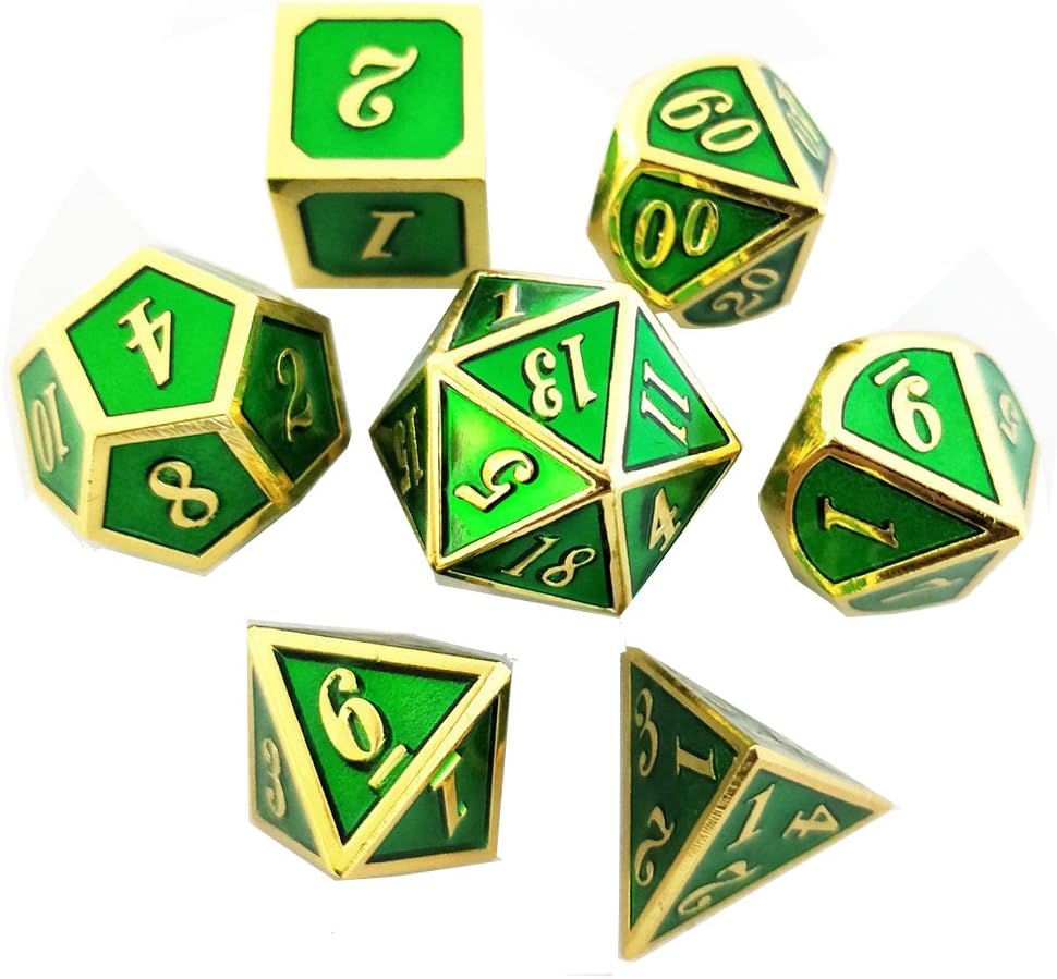 Yiotfandoll 7PCS Zinc Alloy Metal Dice Polyhedral Dice D20 D12 D10 D8 D6 D4 for Dungeons and Dragons DND RPG MTG Dice Table Games 16mm Green Gold with Bag