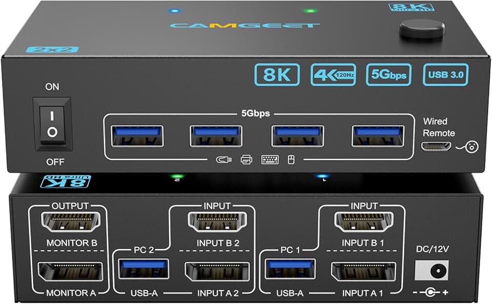 4K@144Hz HDMI Displayport KVM Switch 2 Monitores 2 Computadores, Camgeet USB 3.0 Dual Monitor KVM Switch para 2 PC 2 Monitores e 4 Portas USB 3.0, Adaptador 12V e Controle Remoto com Fio Incluídos