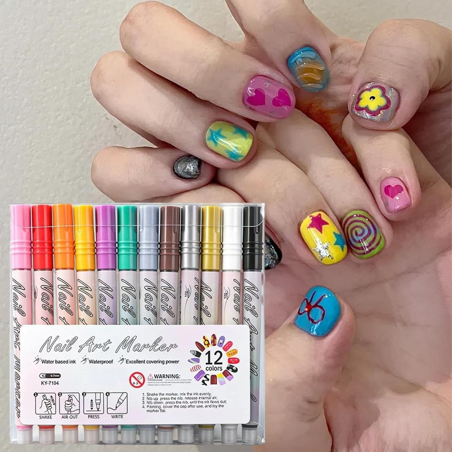 12 Colors Nail Arts Pens Set, DIY Nail Polish Pens for Gel Nails, Quick Dry Fingernail Art Marker, Long Lasting Waterproof Fingernail Dotting Point Liner Markers for Women Home Salon-picture-33