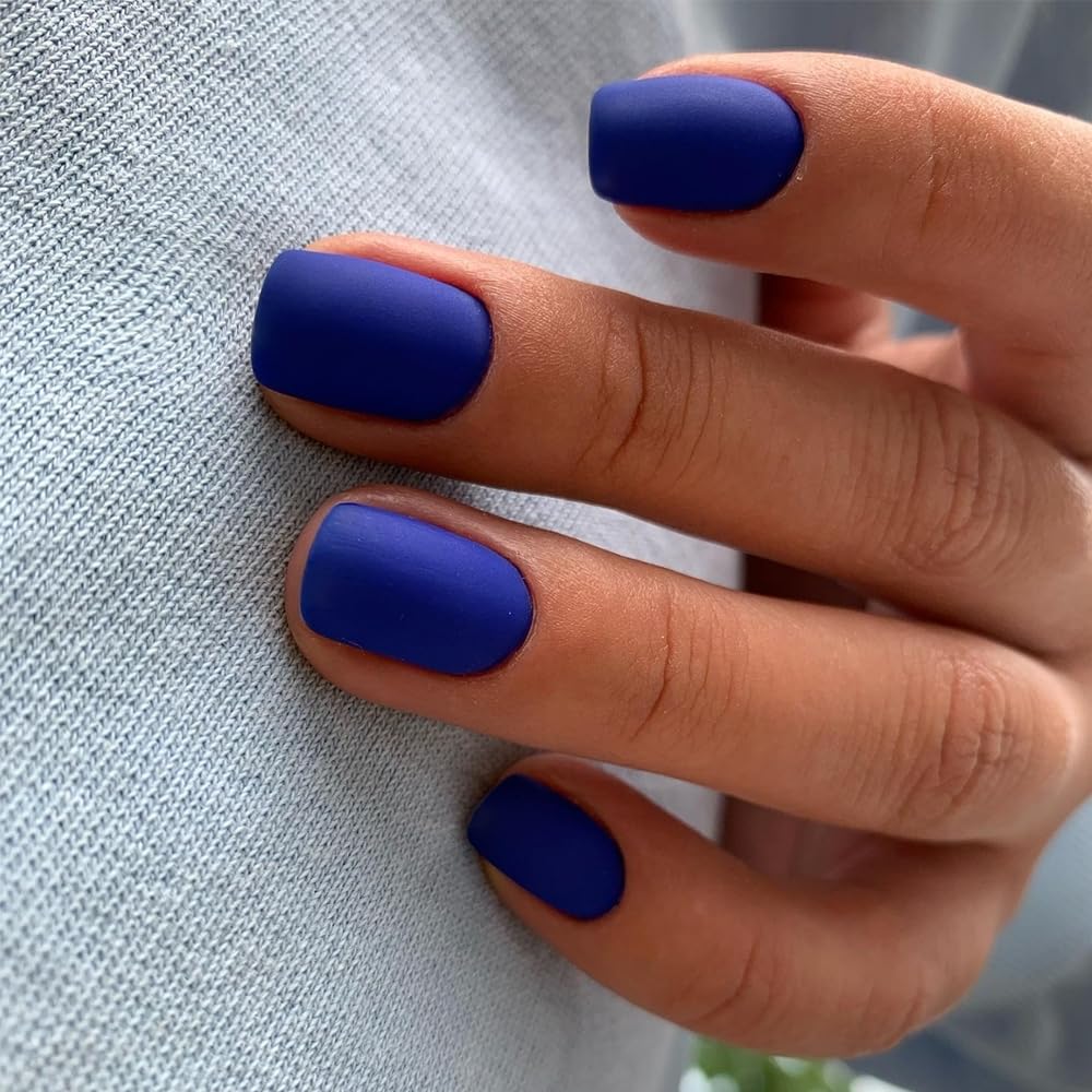 SXVME Matte Royal Blue Press on Nails Short Square, Short False Nails Coffin, Natural Velvet Navy Blue Fake Nails Set