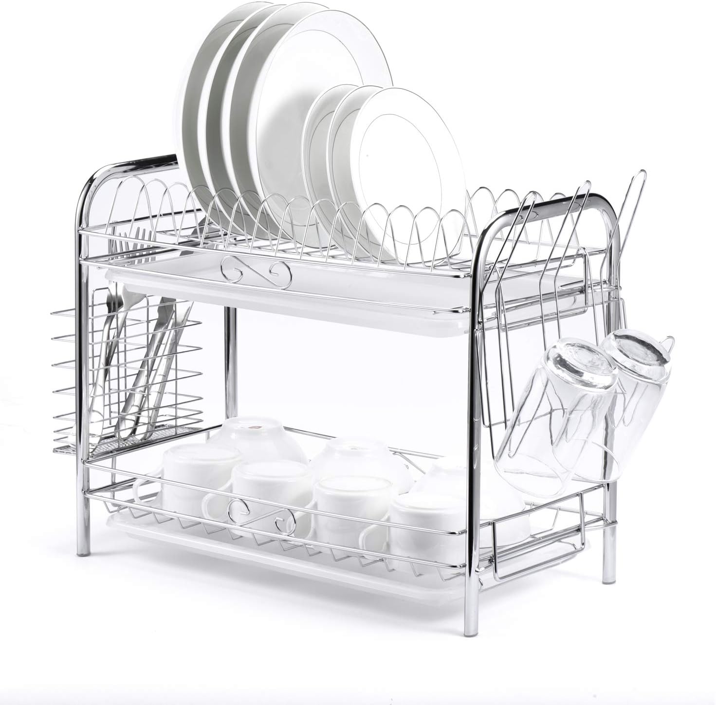 Glotoch 2 Tier Dish Drying Rack Kitchen Organizer, 2021 Upgraded Model with Chrome Rustproof Coating, Cup Holder and Utensil Holder and Dual Level Drip Trays Kitchen Storage 16.5 x 14 x 9 Inches