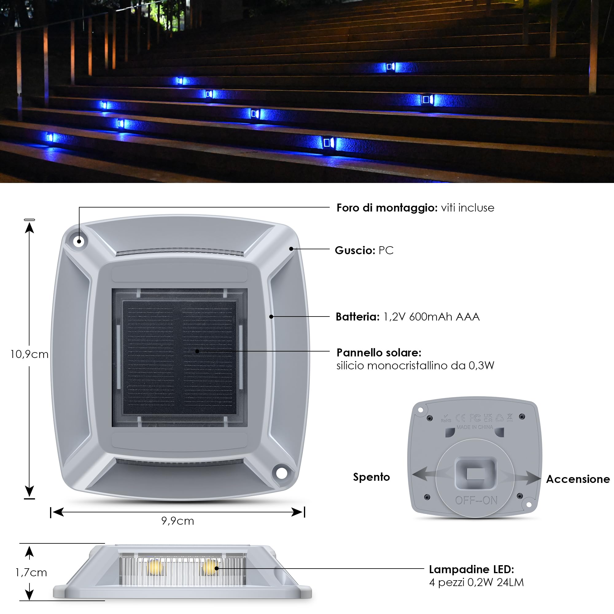 Luci Solari Esterno 12 Pezzi Segnapasso LED Esterno Impermeabile IP68 Lampione Solare Blu Faretti Giardino Solari 24LM Luci LED Solari da Esterno Giardino per Terra, Scale e Piscina