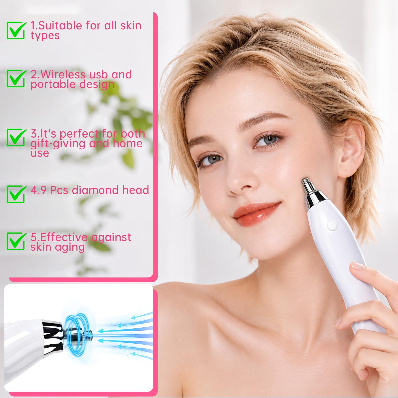 Macchina per microdermoabrasione diamantata, kit viso senza fili, portatile, per la cura della pelle domestica, 7 modalità di aspirazione regolabili con 9 teste diamantate