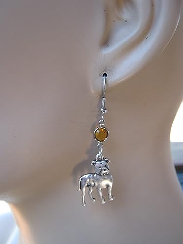 Pit Bull Long Ears Birthstone Earrings, Personalized Staffordshire Terrier Dog Breed Earrings, Pet Jewelry, Rescue Breeder Gift