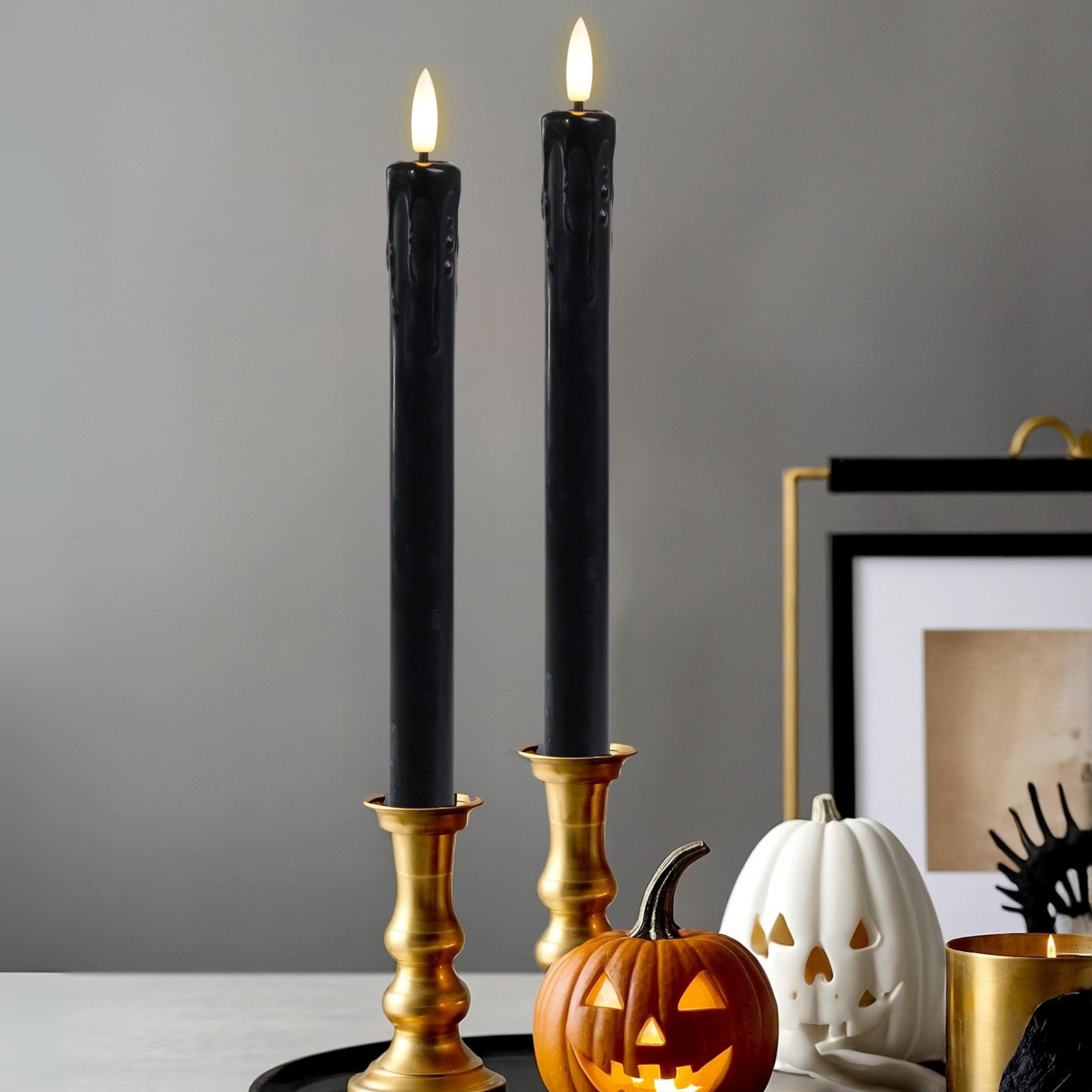 LumiPur Signature Halloween Collection Natural Glow Flickering Flameless LED Wax Taper Candle 1" x 9" (Drip - Black, 2-Pack)