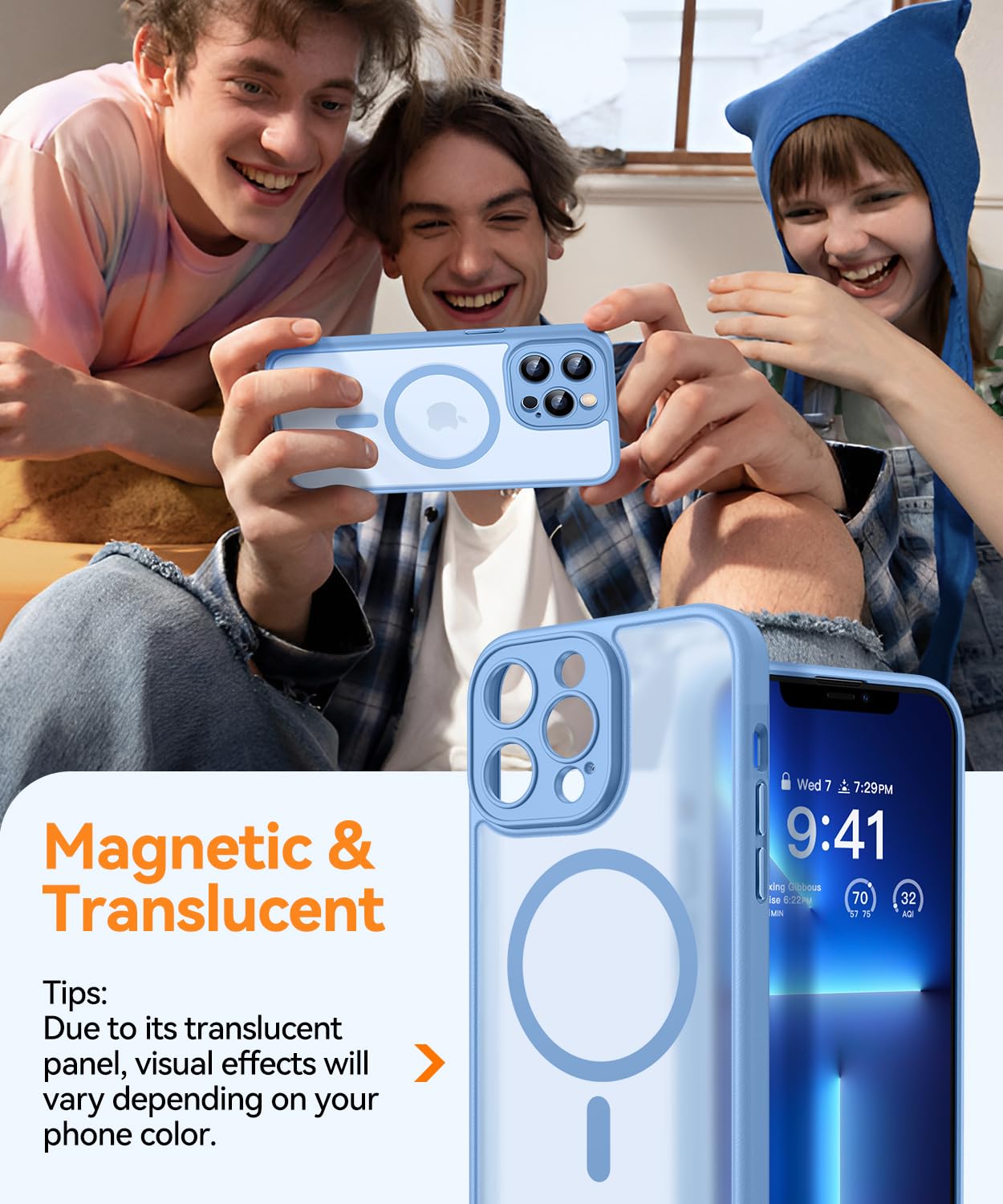 CANSHN Cover Magnetica per iPhone 13 Pro(6,1 Pollici), Compatibile con MagSafe, [Protezione Completa Della Fotocamera], Custodia Traslucida Opaca Protettiva Sottile Antiurto,Azzurro