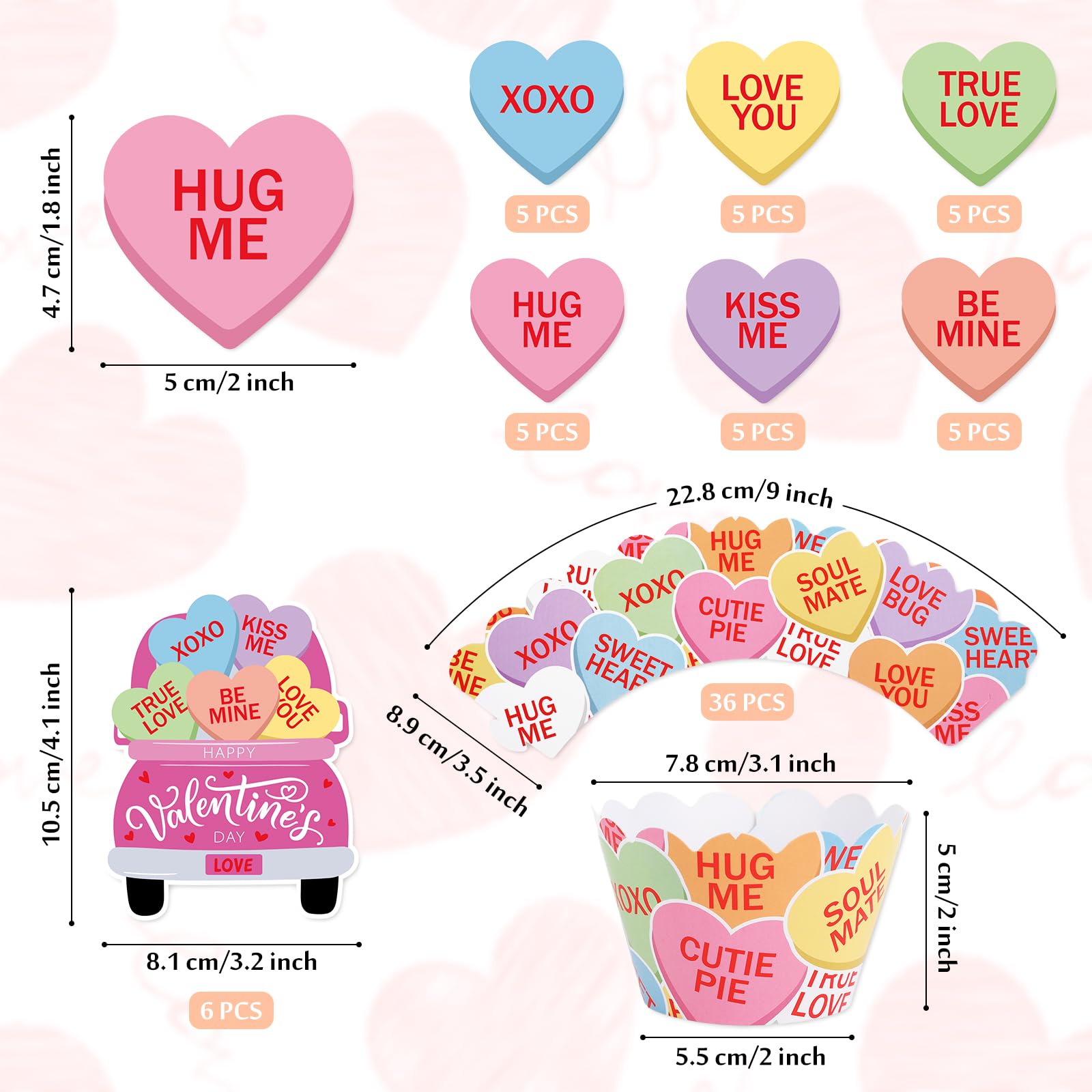 Whaline 72Pcs Valentine Cupcake Wrappers and Cake Toppers Set Conversation Heart Truck Cupcake Picks Colorful Heart Cupcake Liners for Dessert Decoration
