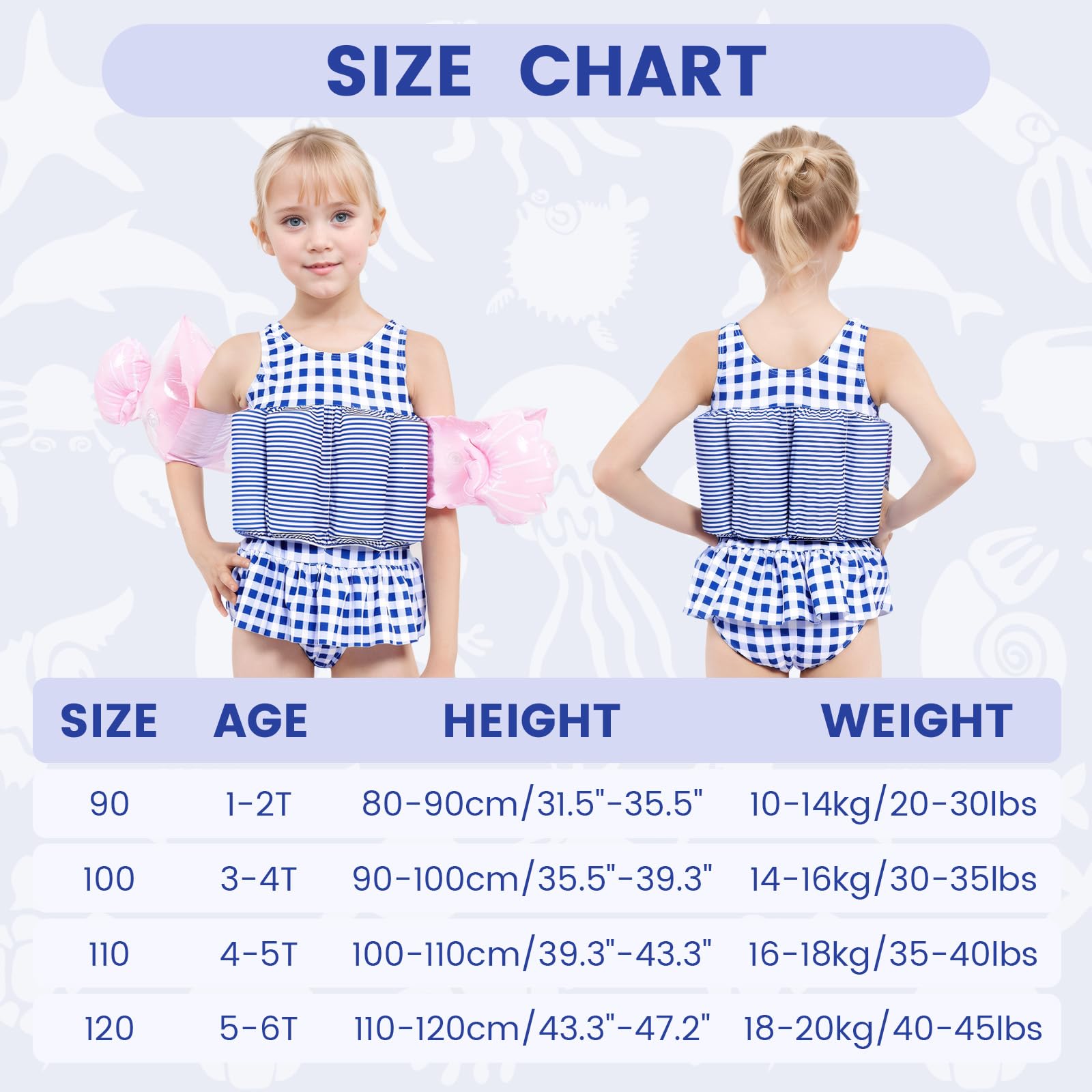 Maillot de bain une pièce pour bébé fille avec flotteur, bleu/blanc, 3-4 ans