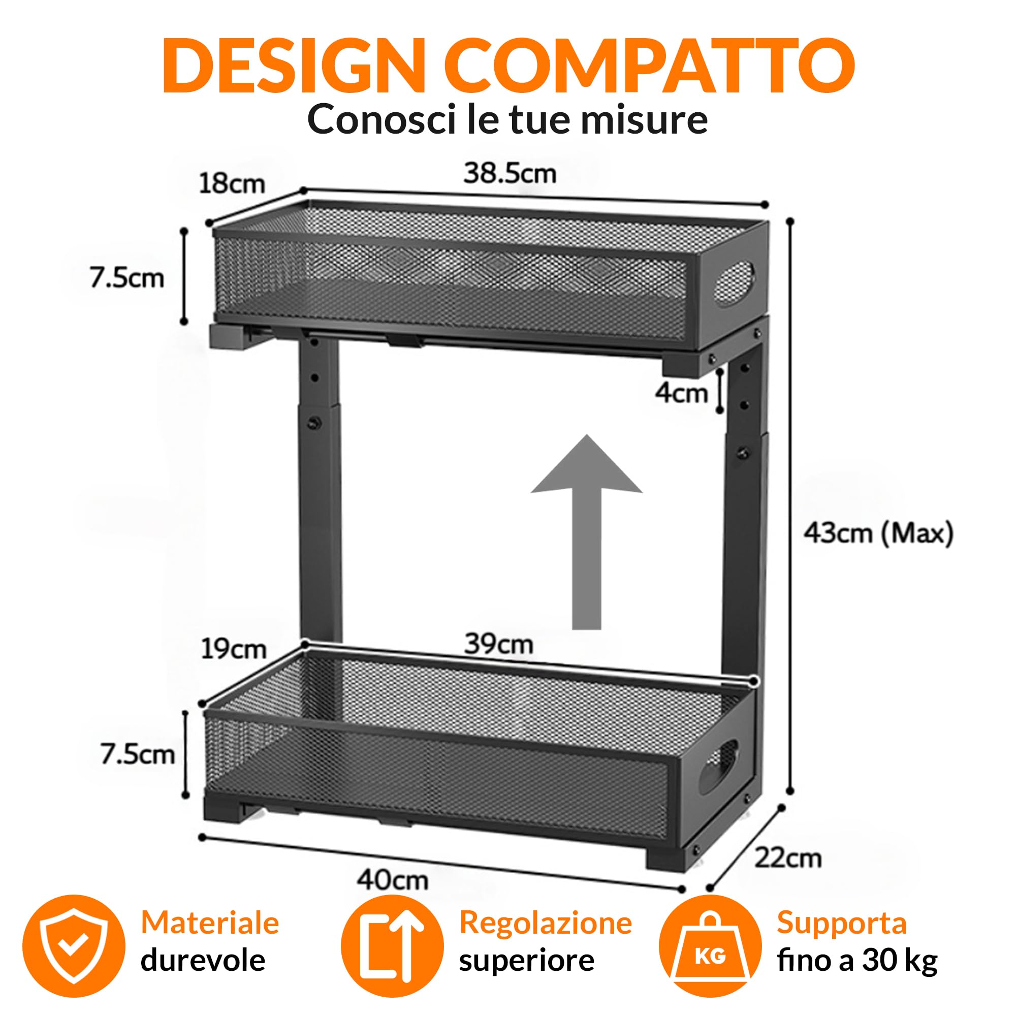 Organizzatore basso lavello per cucina o bagno - Organizer da cucina in metallo nero con doppia altezza e vassoi estraibili - Scaffale per riporre prodotti per la pulizia, dispensa e altro - Pack 2