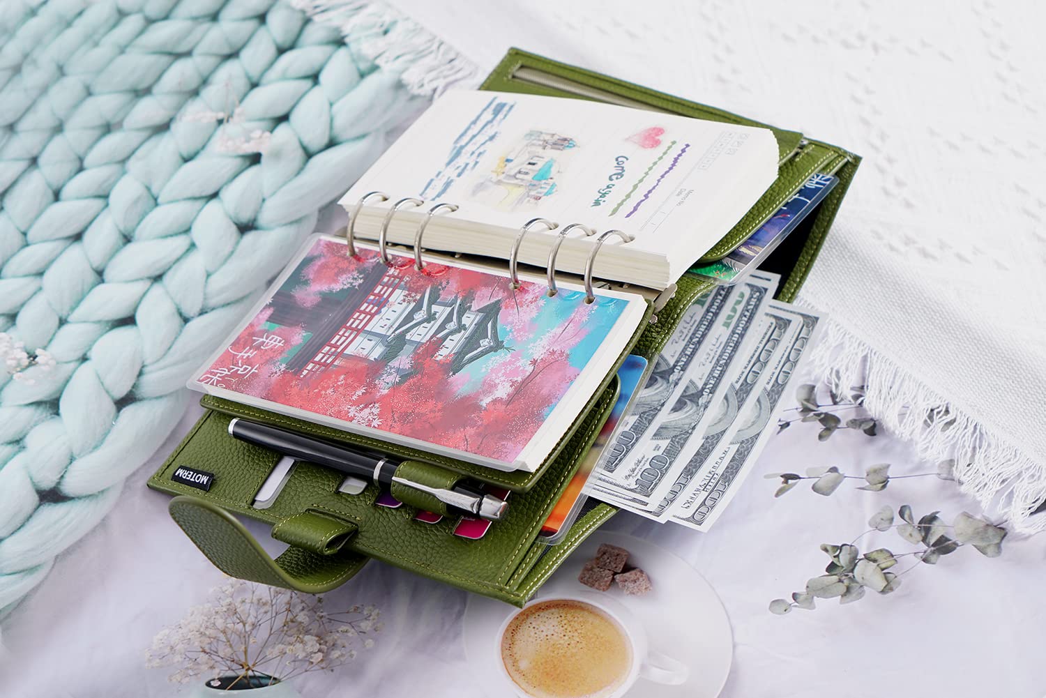Moterm Personal Luxe Planificador de Anillas - Organizador Carpeta de Cuero Auténtico (Anilla 30mm, Verde Oliva Guijarro)