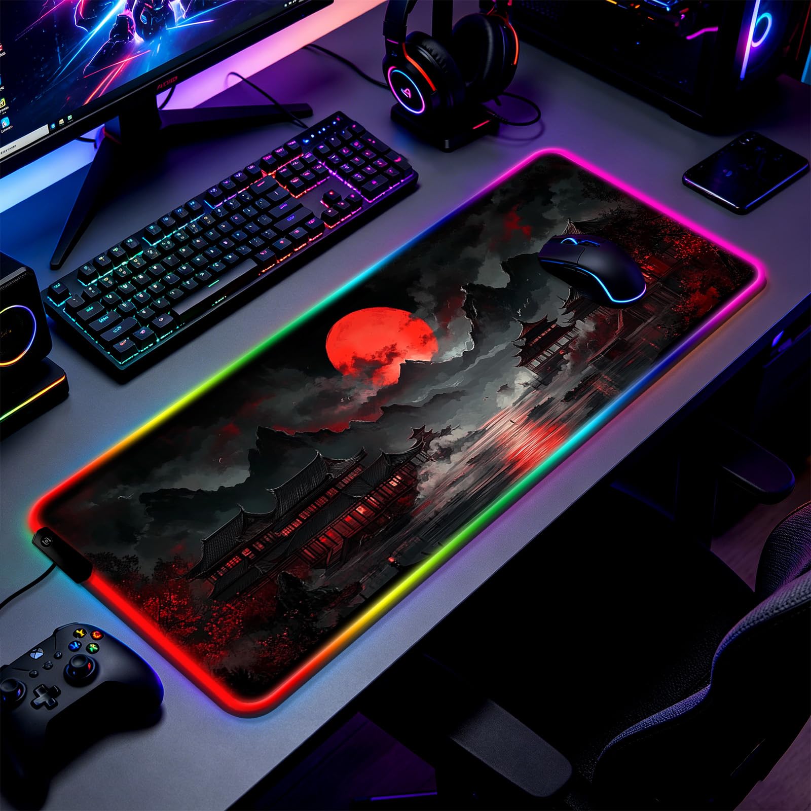 RGB - Tappetino da scrivania da gioco con luna piena, motivo: Lakescape giapponese, per tastiera del computer, grande, esteso, lungo, LED, per ufficio e casa, XL (W07)