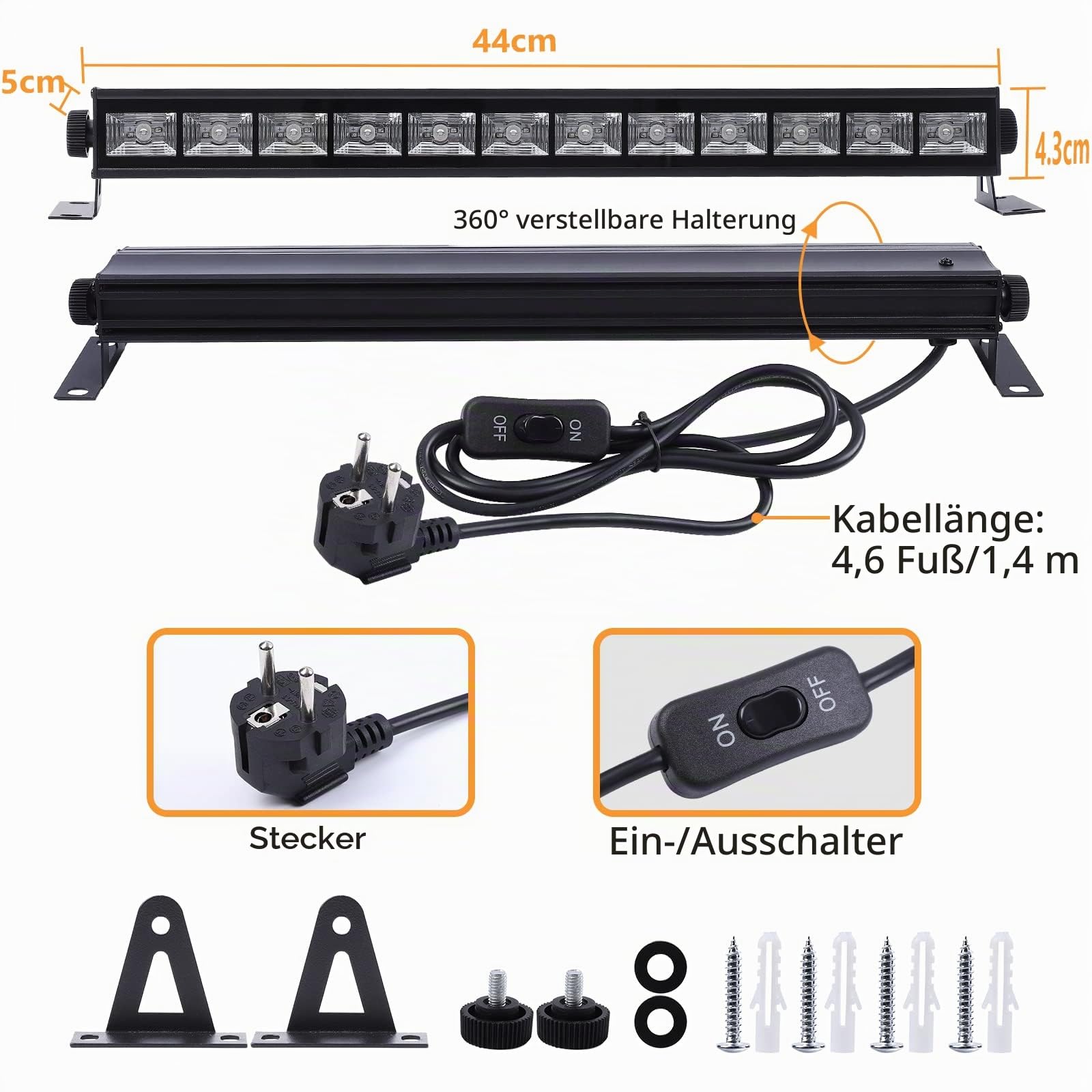 Litake UV Schwarzlicht, 2 Stück 36W 12 LED Schwarzlichtlampe Bar 390-400nm UVA-Klasse Wellenlängen LED Black Lights mit 1.5M Netzkabel für Halloween,Körperbemalung,Bühnen und Party Deko