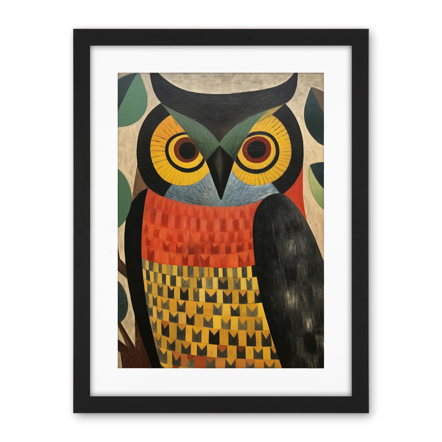 Artery8 Folk Art Geometric Owl Boho Colours Yellow Coral Green Bold but Subtle Artwork Framed Wall Art Print 18X24 Inch