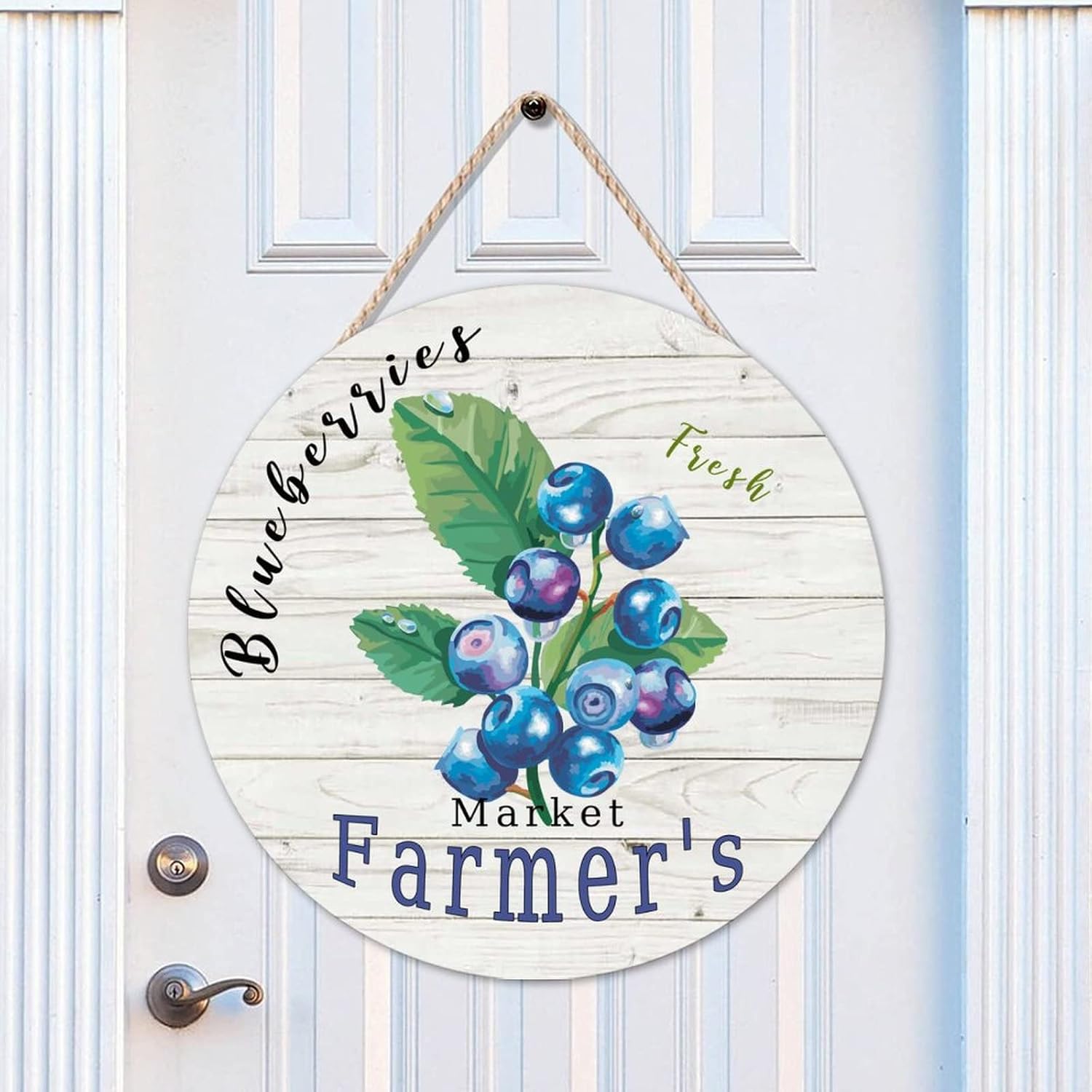 Market Farmers Wall Door Hanging Sign, Vintage Fruit Blueberry Wood Door Sign, Rustic 16x16in Front Door Round Wood Sign for Backyard Front Porch Farmhouse Front Door Decor Housewarming Gifts