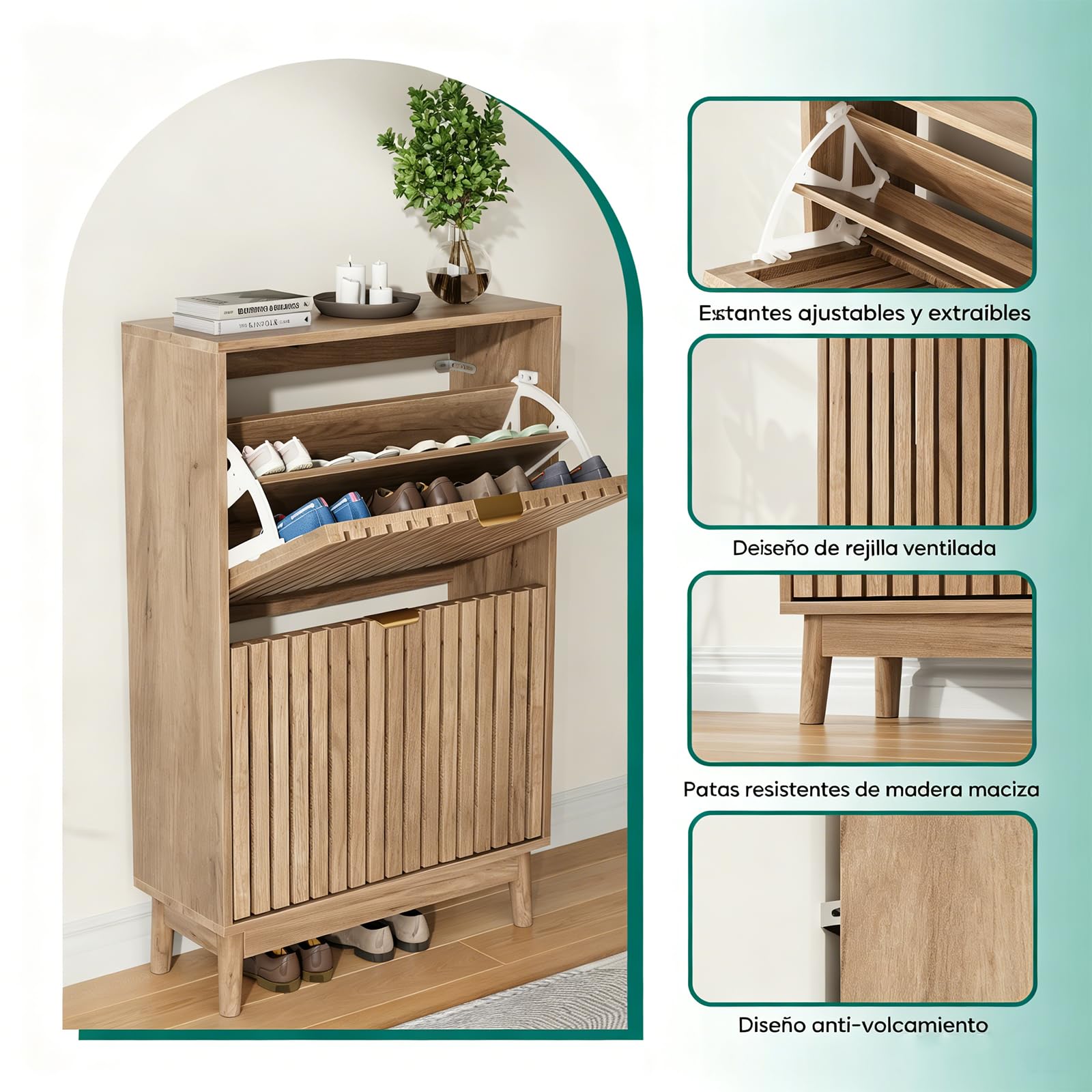 Kiasthome Mueble Zapatero de Madera con 2 Cajones Abatibles, Organizador de Zapatos con Puertas Rejilladas Ventiladas, Zapatero Moderno para Entrada, Pasillo y Salón (Natural, 60 cm)