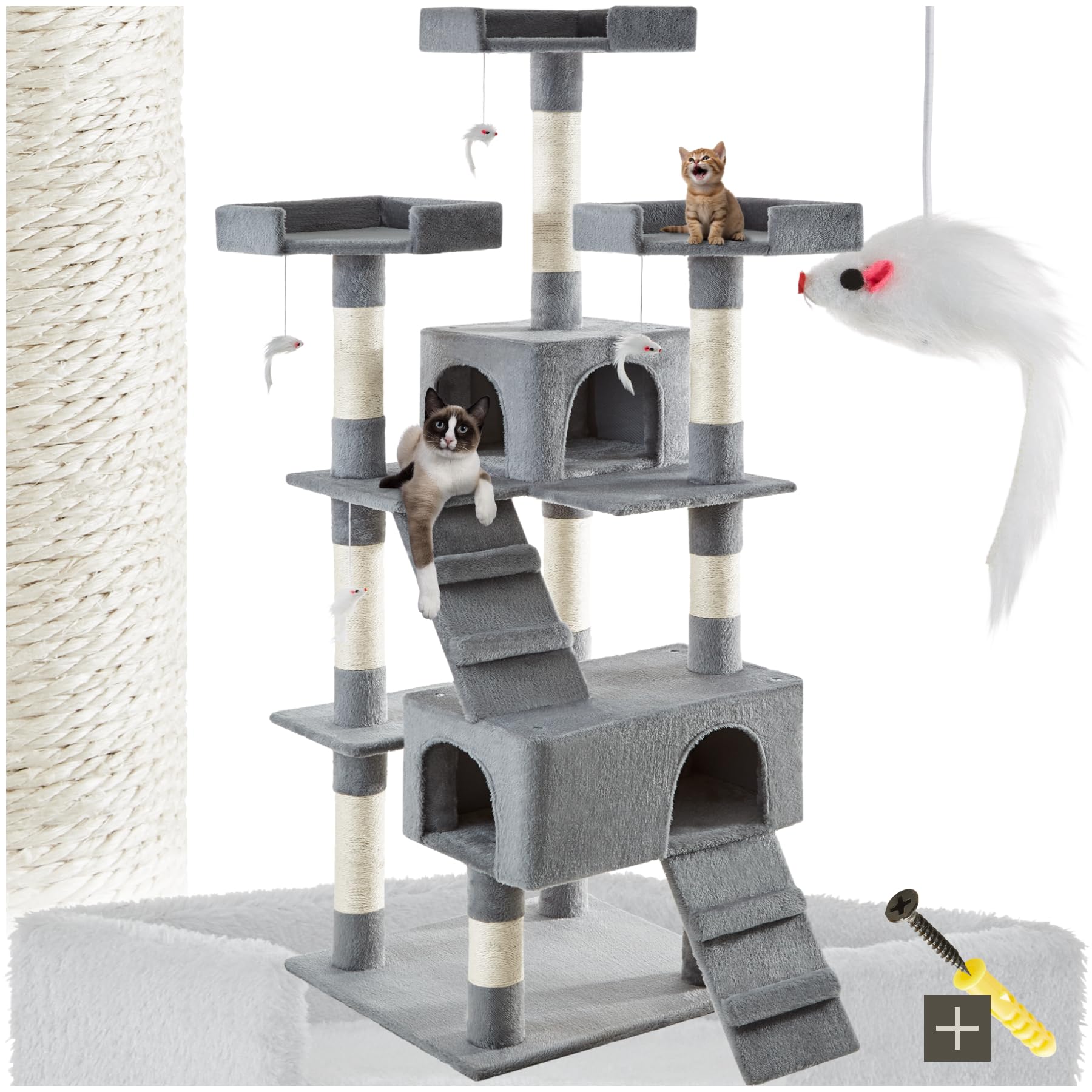 TecTake® Árbol para gatos Rascador para gatos de sisal H170 cm, Juegos para gatos Apartamento Accesorio Rascador Nido Cama Cesta Cama para gatos Juego de ratón Escalera