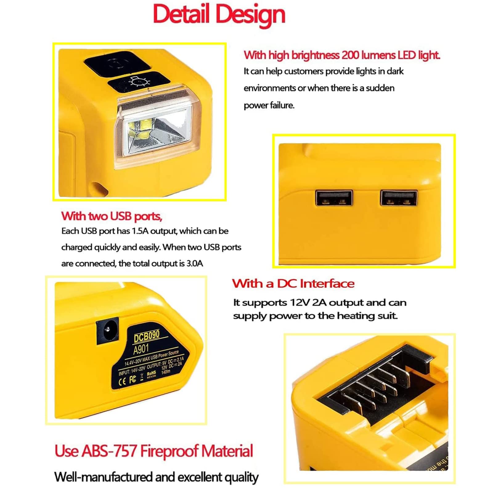 Battery Adapter For Dewalt 14.4V/18V/20V Lithium Ion – With DC Port, Dual USB Charger & LED Work Light