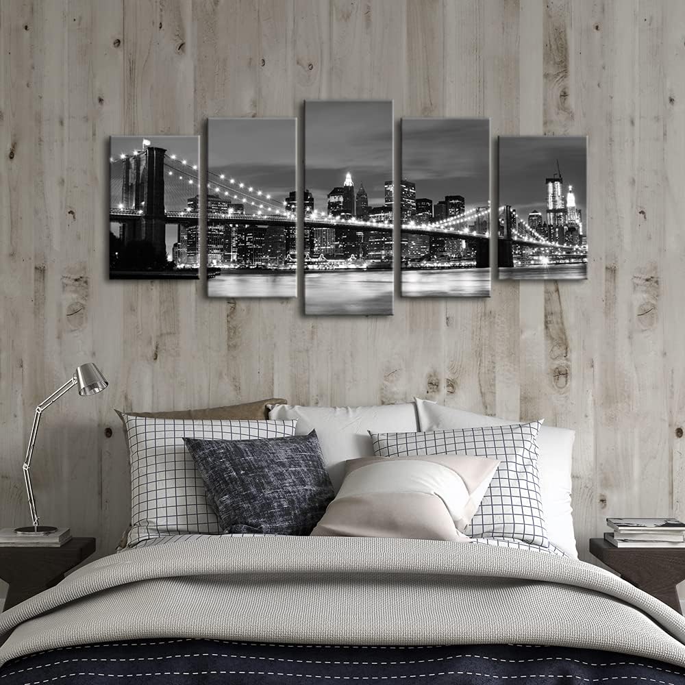 Wieco Art New York Brooklyn Bridge Canvas Wall Art Night View 5 Panels Modern Landscape Artwork Canvas Prints Abstract Pictures to Photo Canvas Wall Decor for Home & Office Decorations