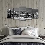 Wieco Art Brooklyn Bridge Night View 5 Piece Modern Stretched and Framed Landscape Artwork Giclee Canvas Prints Abstract Pictures Paintings on Canvas Wall Art for Living Room Home Decorations
