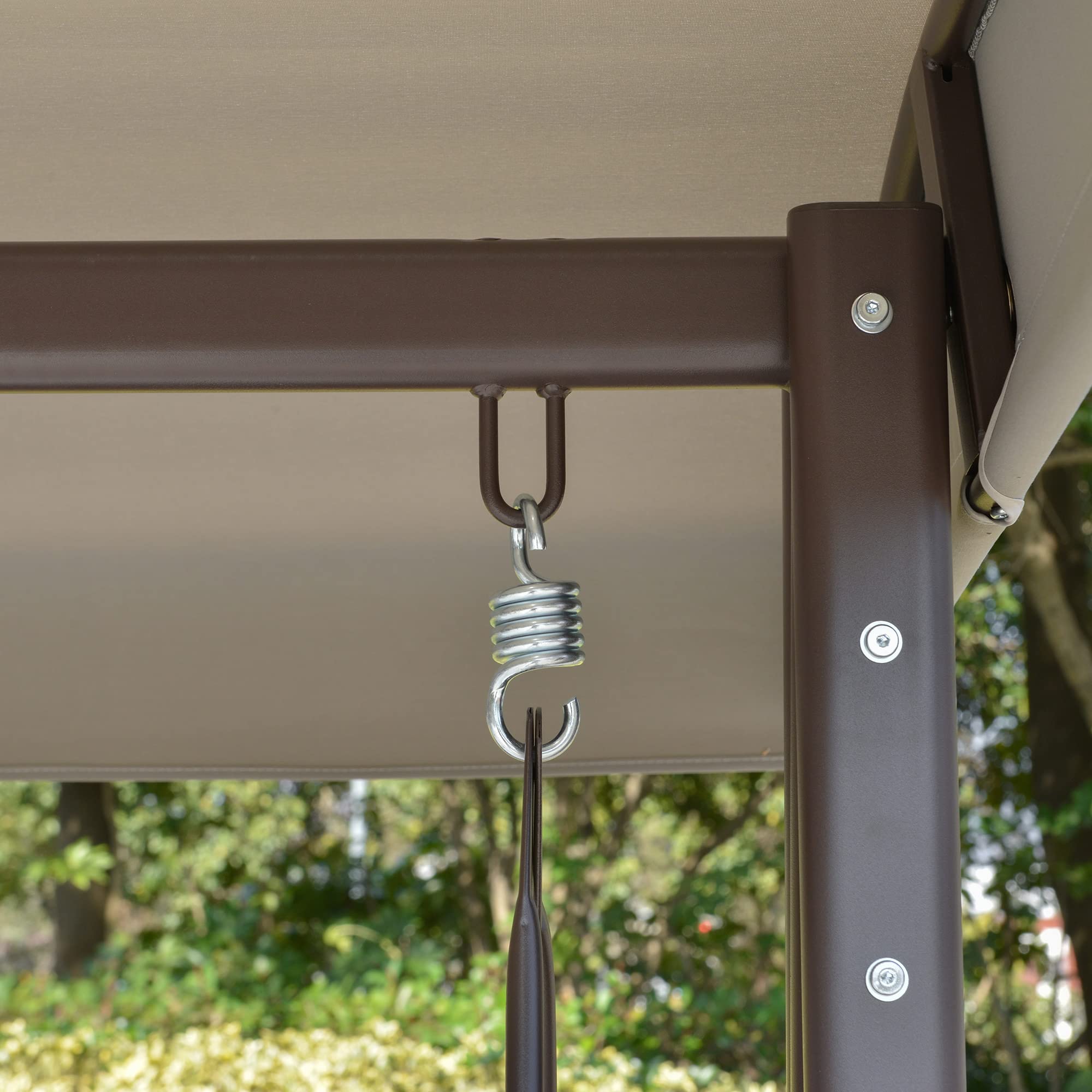 Outsunny Balancín de Jardín Exterior de 3 Plazas 206x116x183 cm Gris | Columpio de Jardín Exterior, Toldo Ajustable, Bandejas Laterales, 2 Almohadas, Marco de Metal, Carga 360 kg